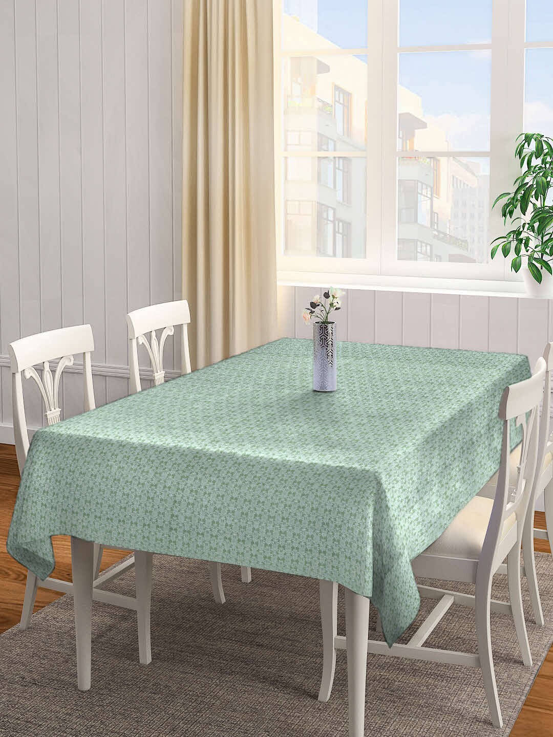 Buy Arrabi Green & White Printed Handwoven 6 Seater Rectangle Table