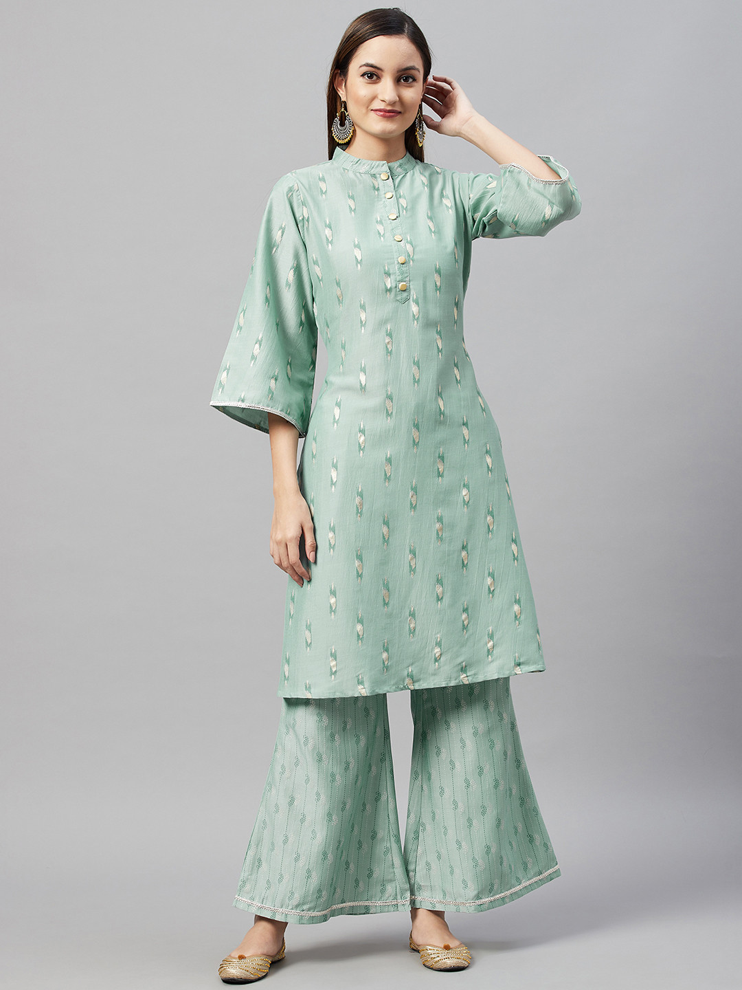 Buy V TRADITION Women Green & Gold Toned Print Kurta With Palazzos