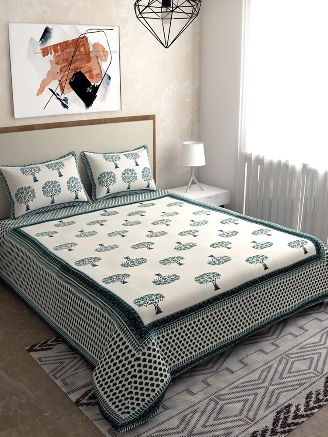 Buy Salona Bichona White & Green Floral 120 TC Queen Bedsheet With 2