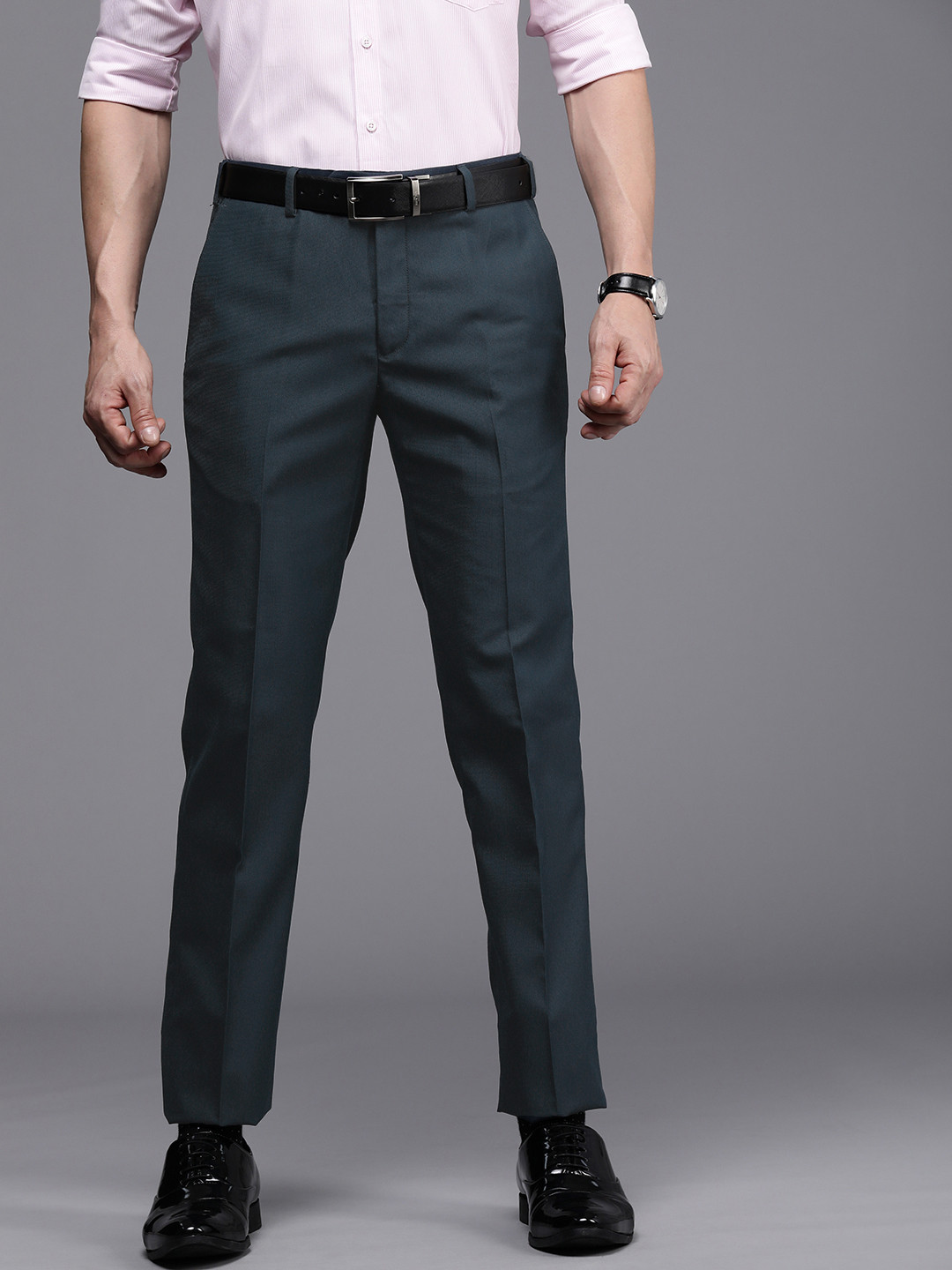 Buy Raymond Men Navy Blue Slim Fit Formal Trousers - Trousers for Men ...