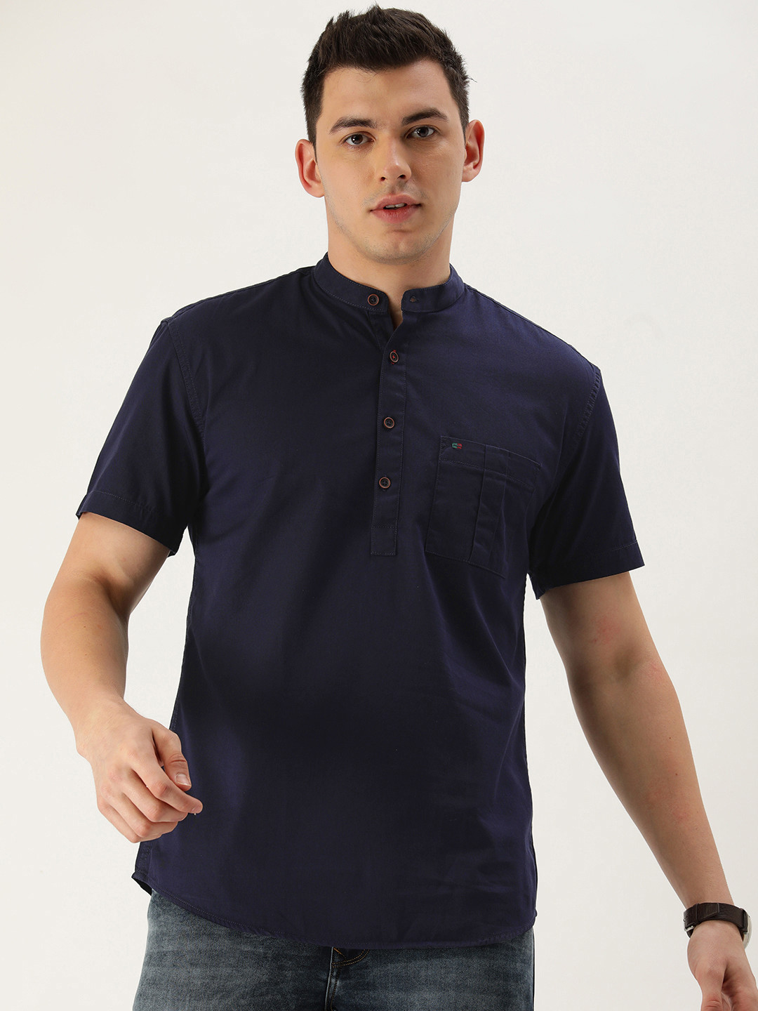 Buy Peter England Men Navy Blue Mandarin Collar Slim Fit Pure Cotton