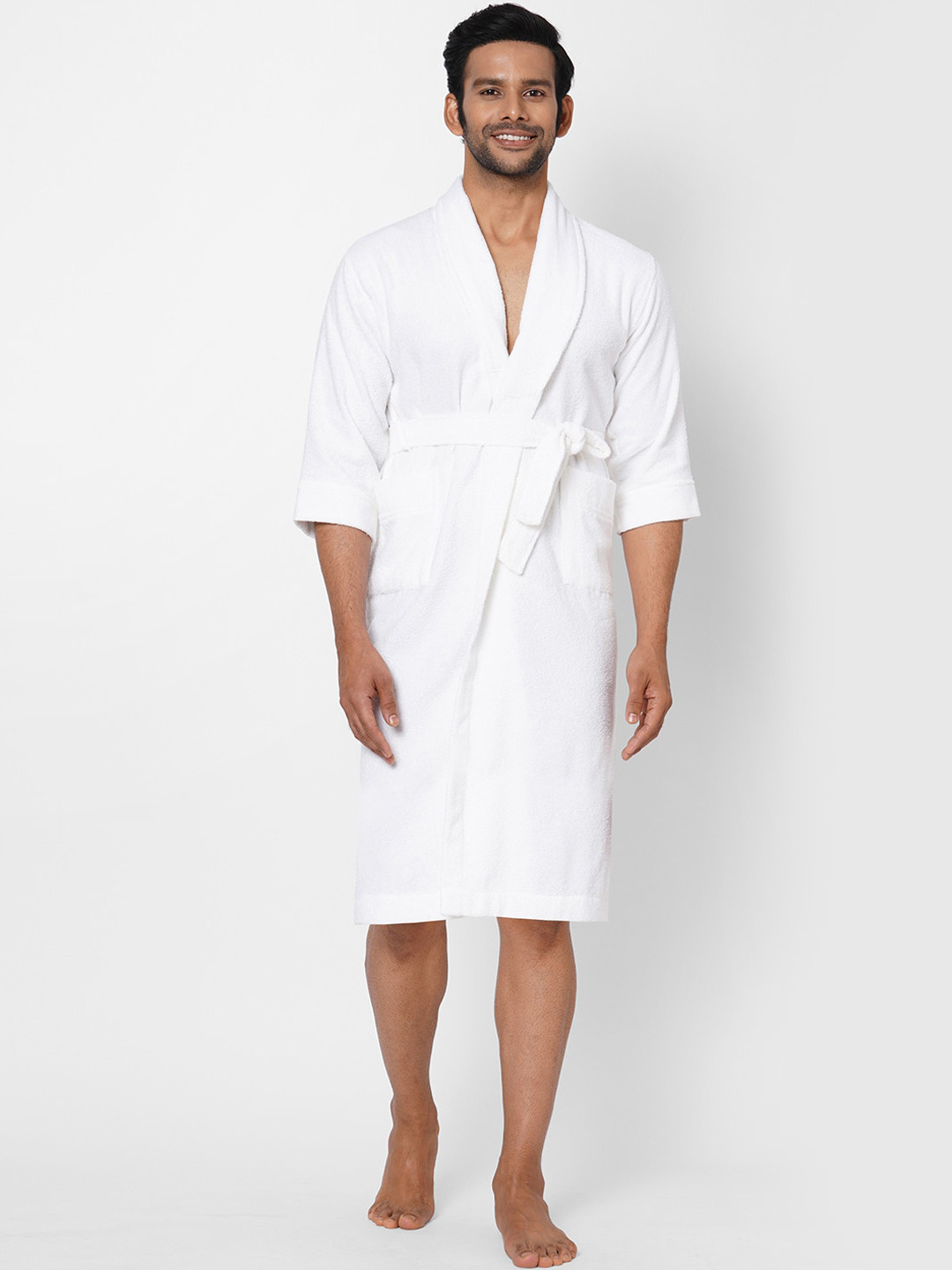 Buy SPACES White Solid 300 GSM Pure Cotton Bath Robe Bath Robe for