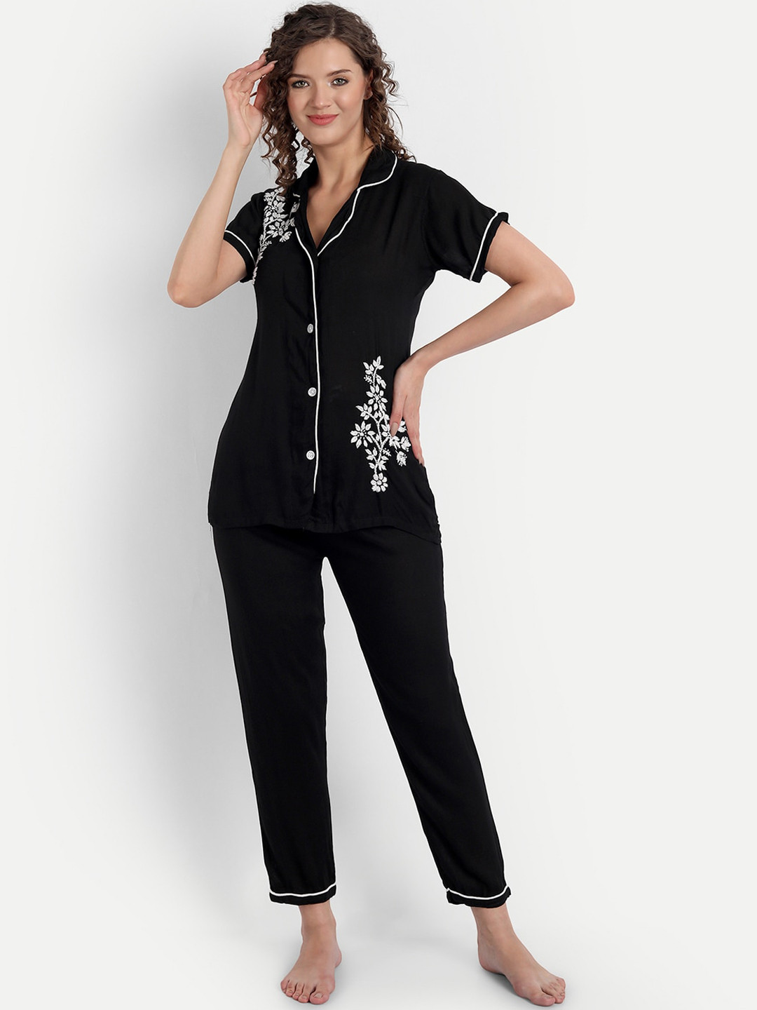 Buy Indiankala4u Women Black Chikankari Embroidered Night Suit Night