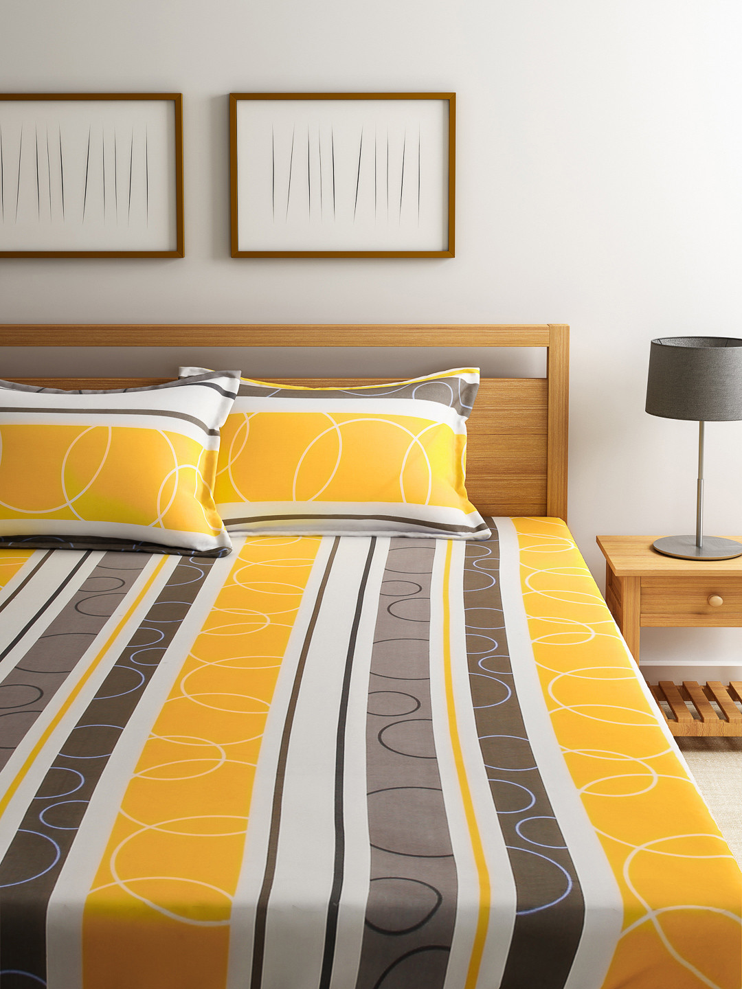 Buy Dreamscape Yellow White Striped Cotton Double Bedsheet With 2