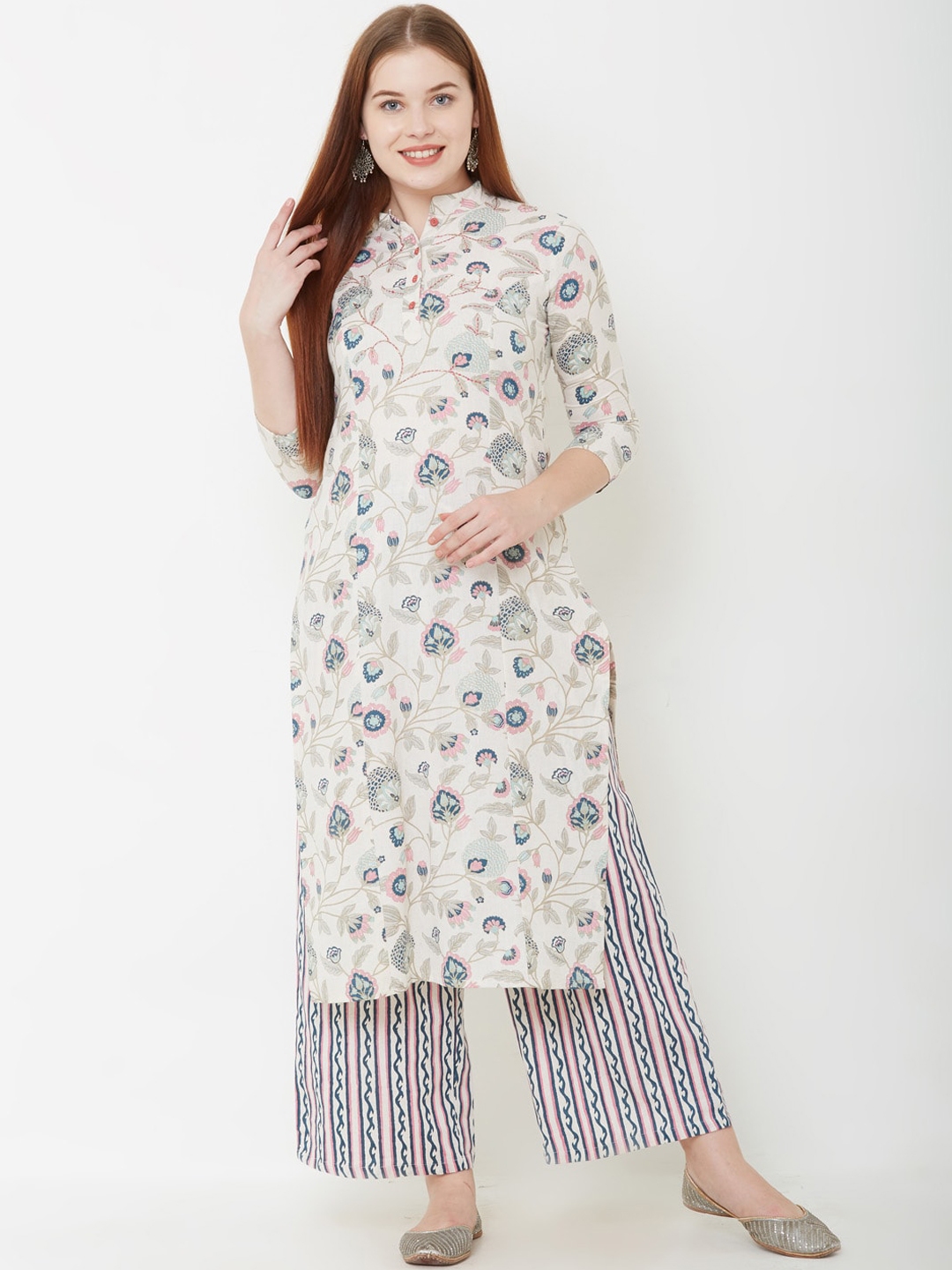 Buy FASHOR Women Off White Floral Printed Pure Cotton Kurta With ...