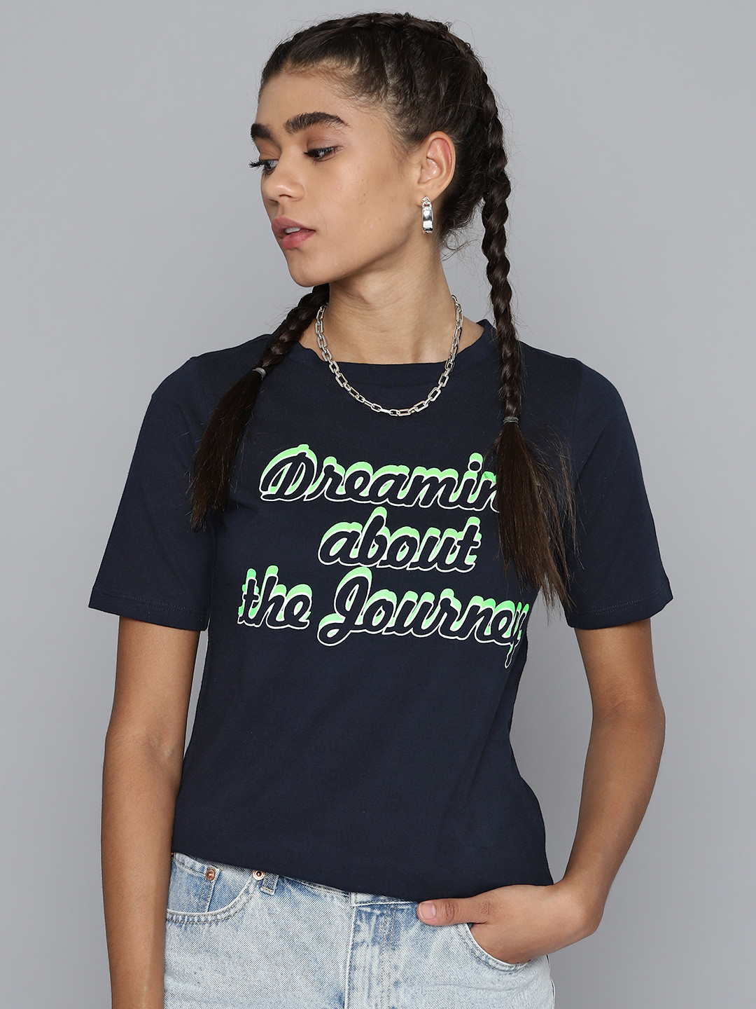 Buy SASSAFRAS Women Navy Blue & Fluorescent Green Typography Printed
