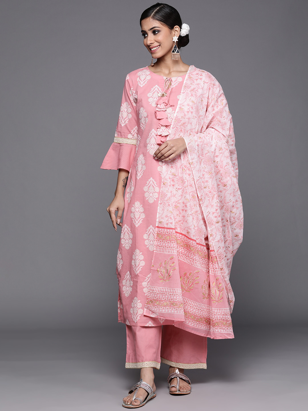 Indo Era Pink Printed Straight Kurta Palazzos Set