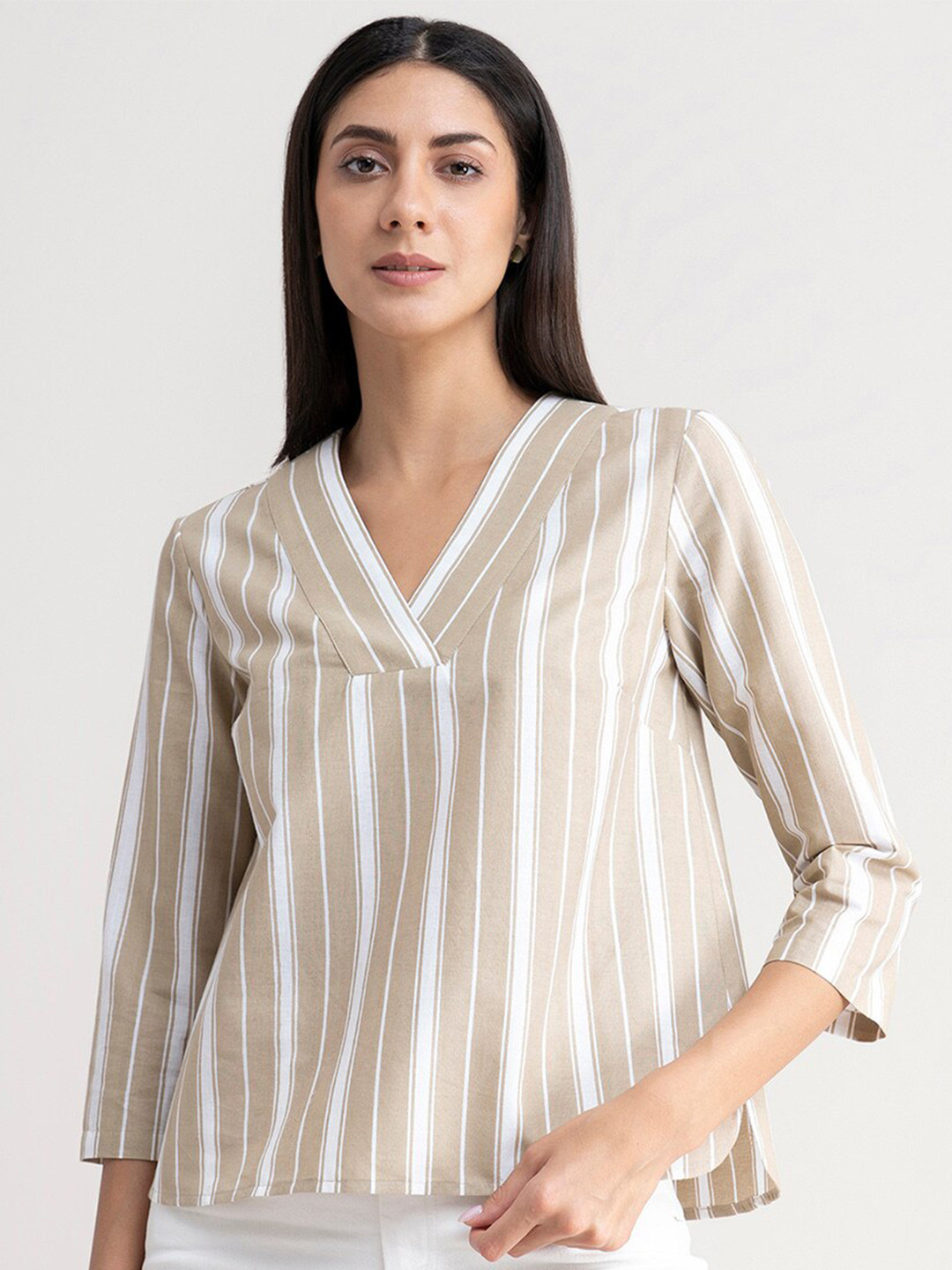 Buy FableStreet Women Beige Striped Linen Top Tops for Women 18175110