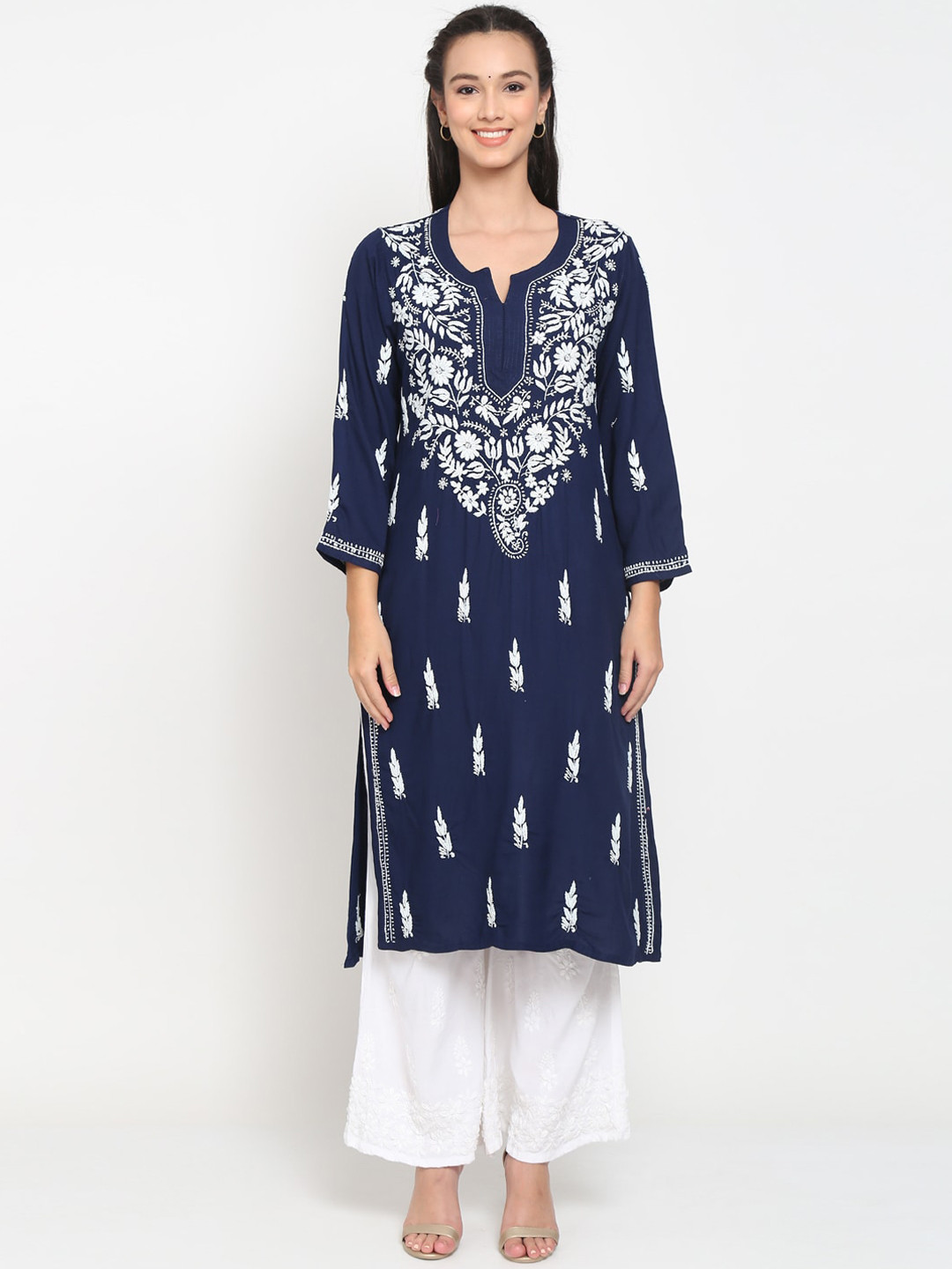 Buy PARAMOUNT CHIKAN Women Navy Blue Embroidered Flared Sleeves