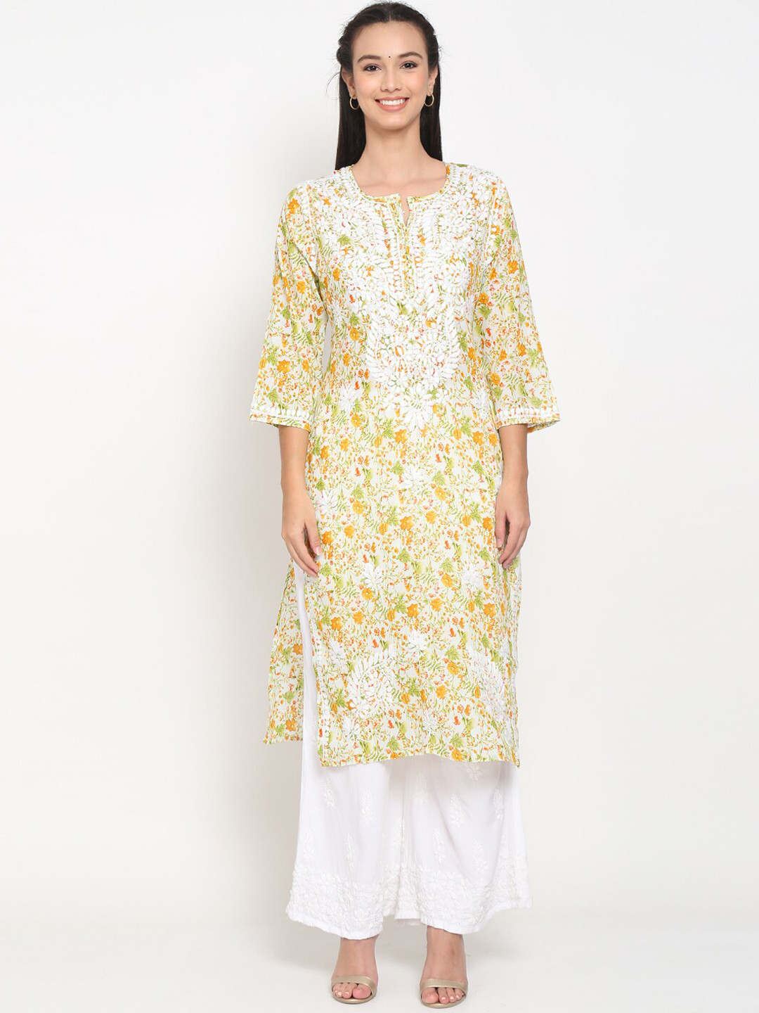 Buy PARAMOUNT CHIKAN Women White & Mustard Yellow Floral Printed Flared