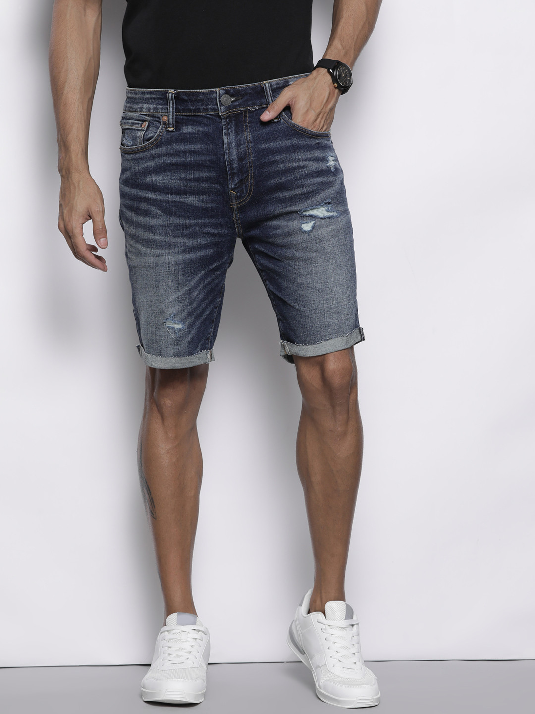 Buy AMERICAN EAGLE OUTFITTERS Men Navy Blue Distressed Denim Shorts