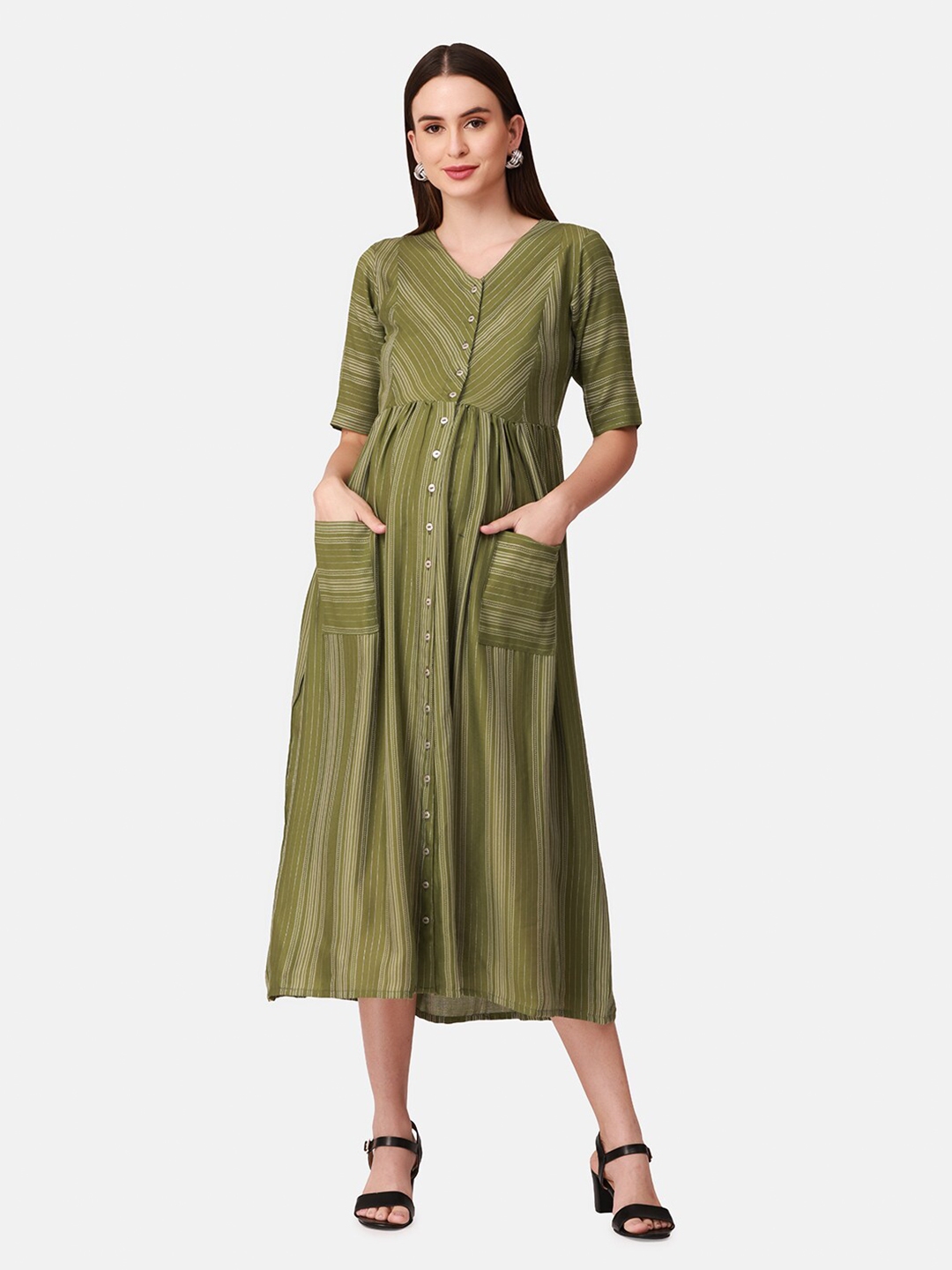 Buy The Mom Store Women Green Striped Maternity Midi Dress Dresses