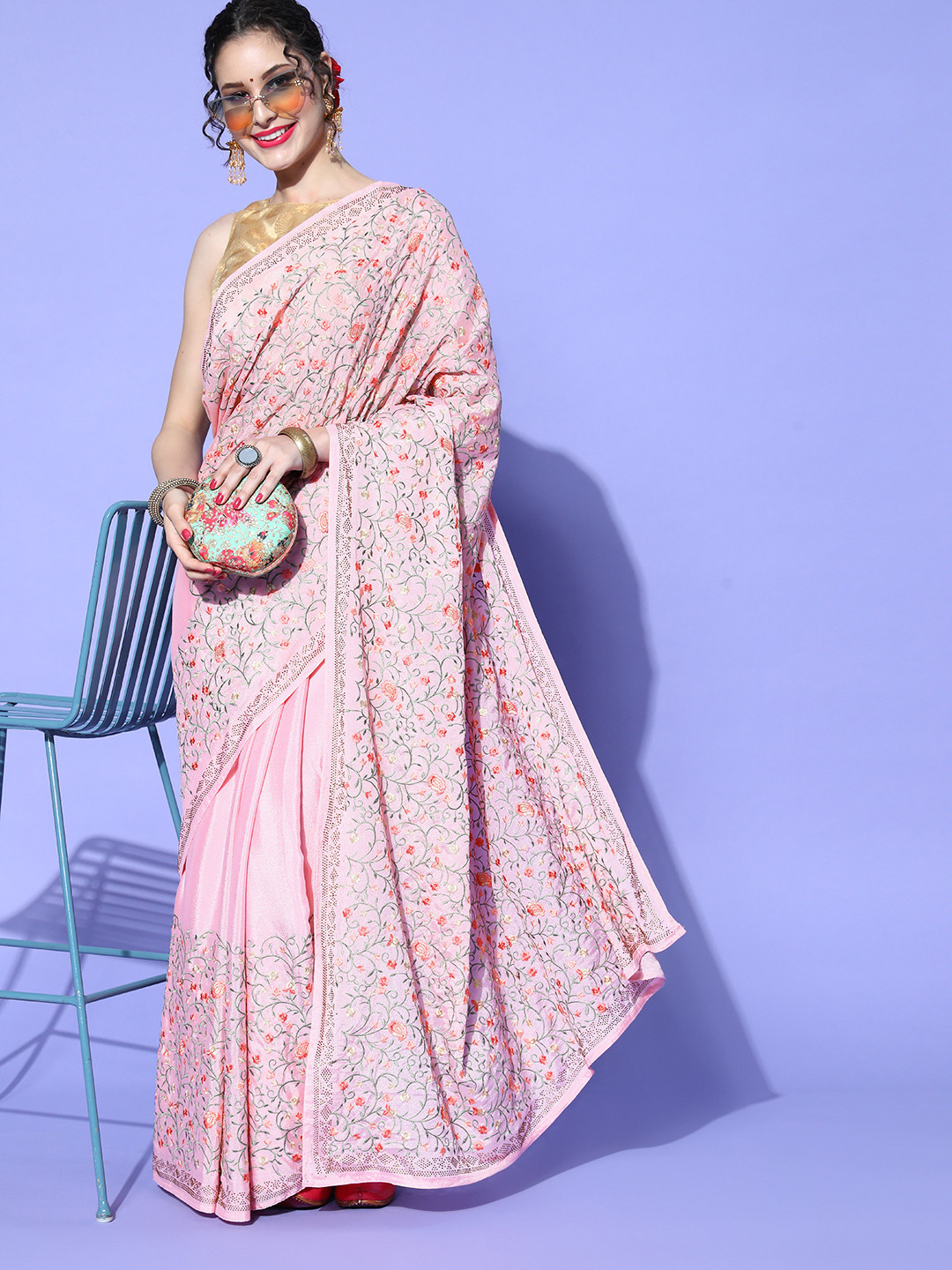 Chhabra 555 Pink & Green Zari Embellished Silk Blend Saree With Contrast Border & Pallu