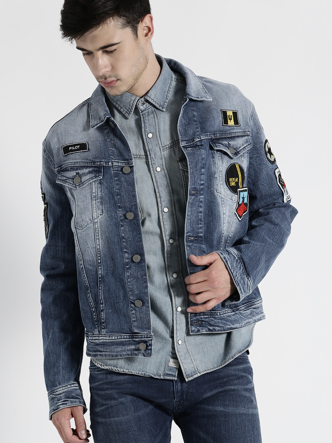 Buy Replay Men Blue Washed Denim Jacket - Jackets for Men 1818651 | Myntra