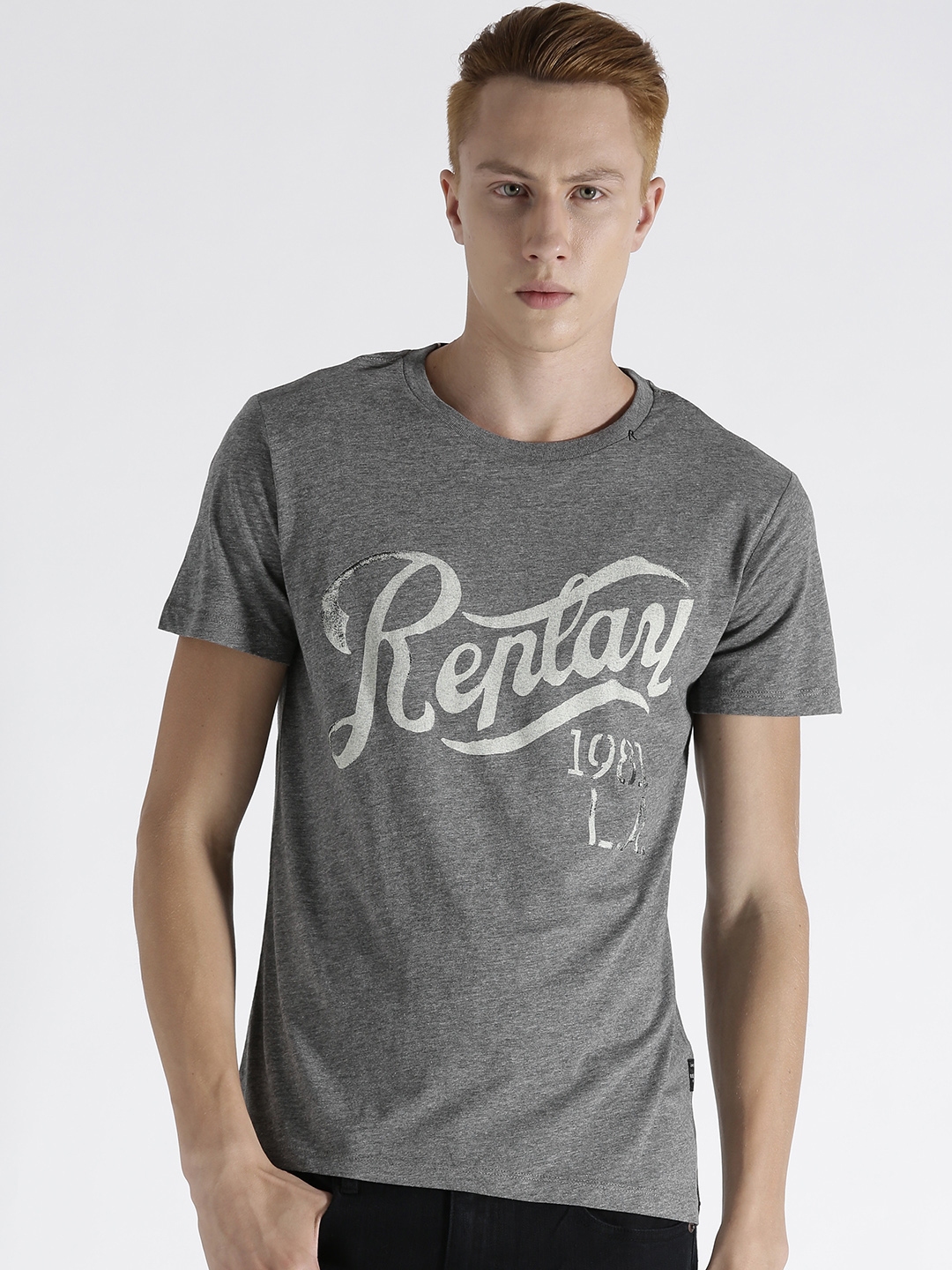 Buy Replay Men Grey Melange Printed Round Neck T Shirt - Tshirts for ...