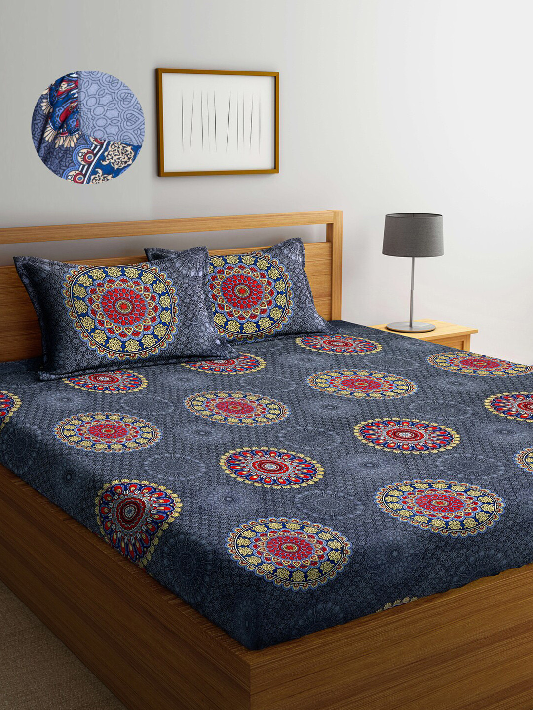 Buy Arrabi Grey & Red Ethnic Motifs 300 TC King Bedsheet With 2 Pillow