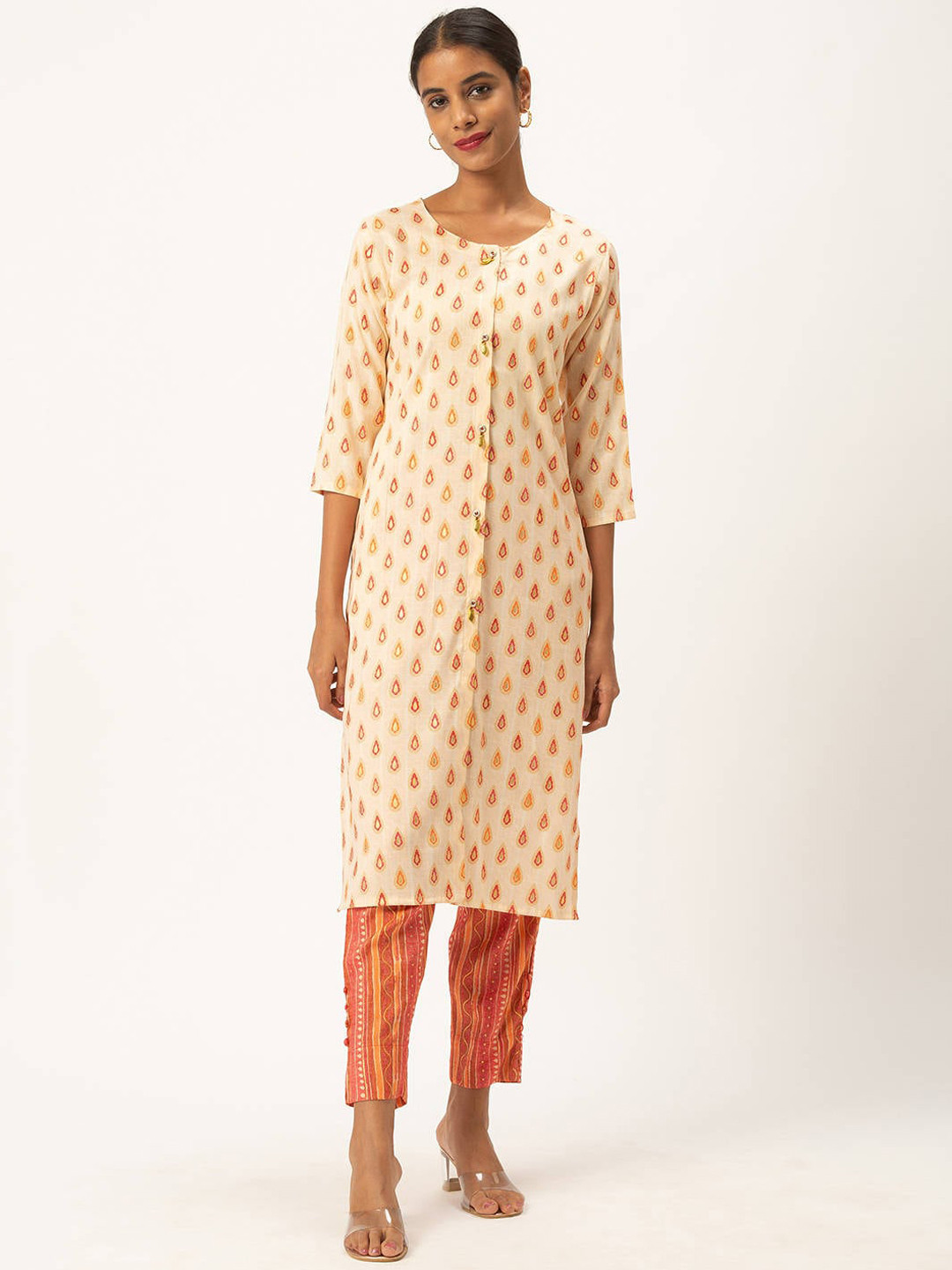 Women'S White & Pink Printed A-Line Empire Kurti main image 1