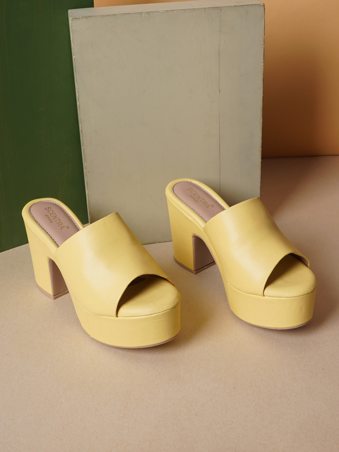 Buy SCENTRA Mustard Block Mules With Bows Heels for Women 18188474