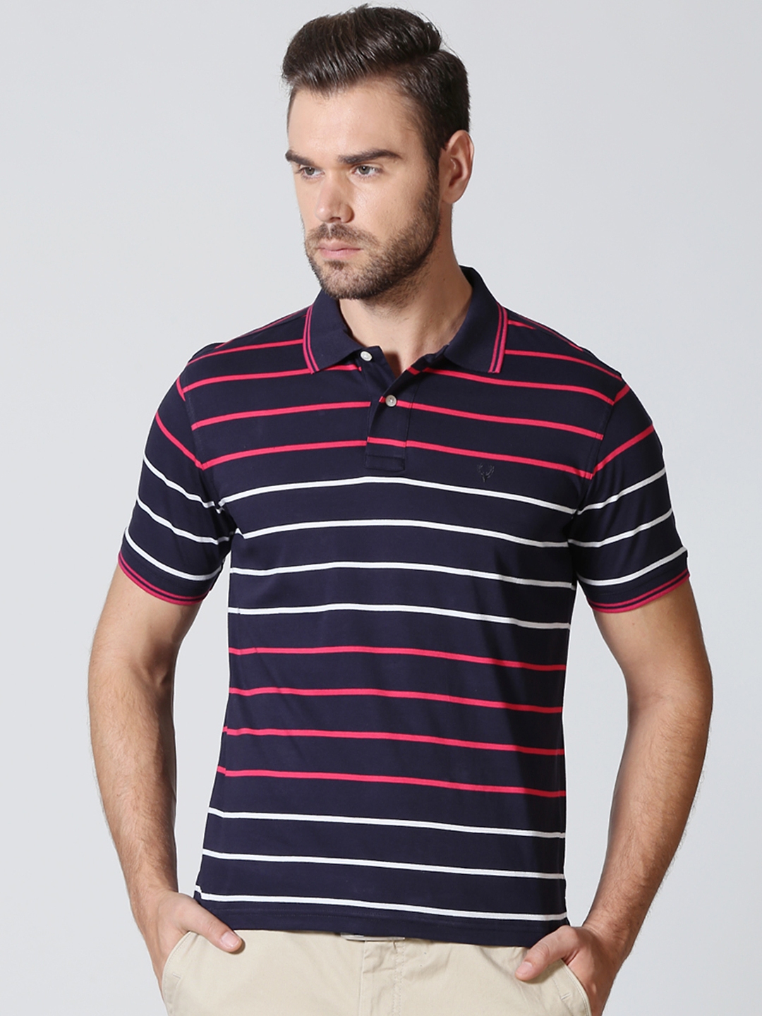 Buy Allen Solly Men Navy Striped Polo Collar Pure Cotton T Shirt ...