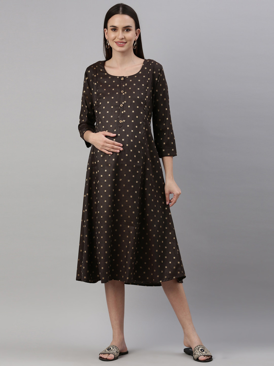 Buy GOLDSTROMS Coffee Brown Ethnic Motifs Maternity A Line Midi Dress