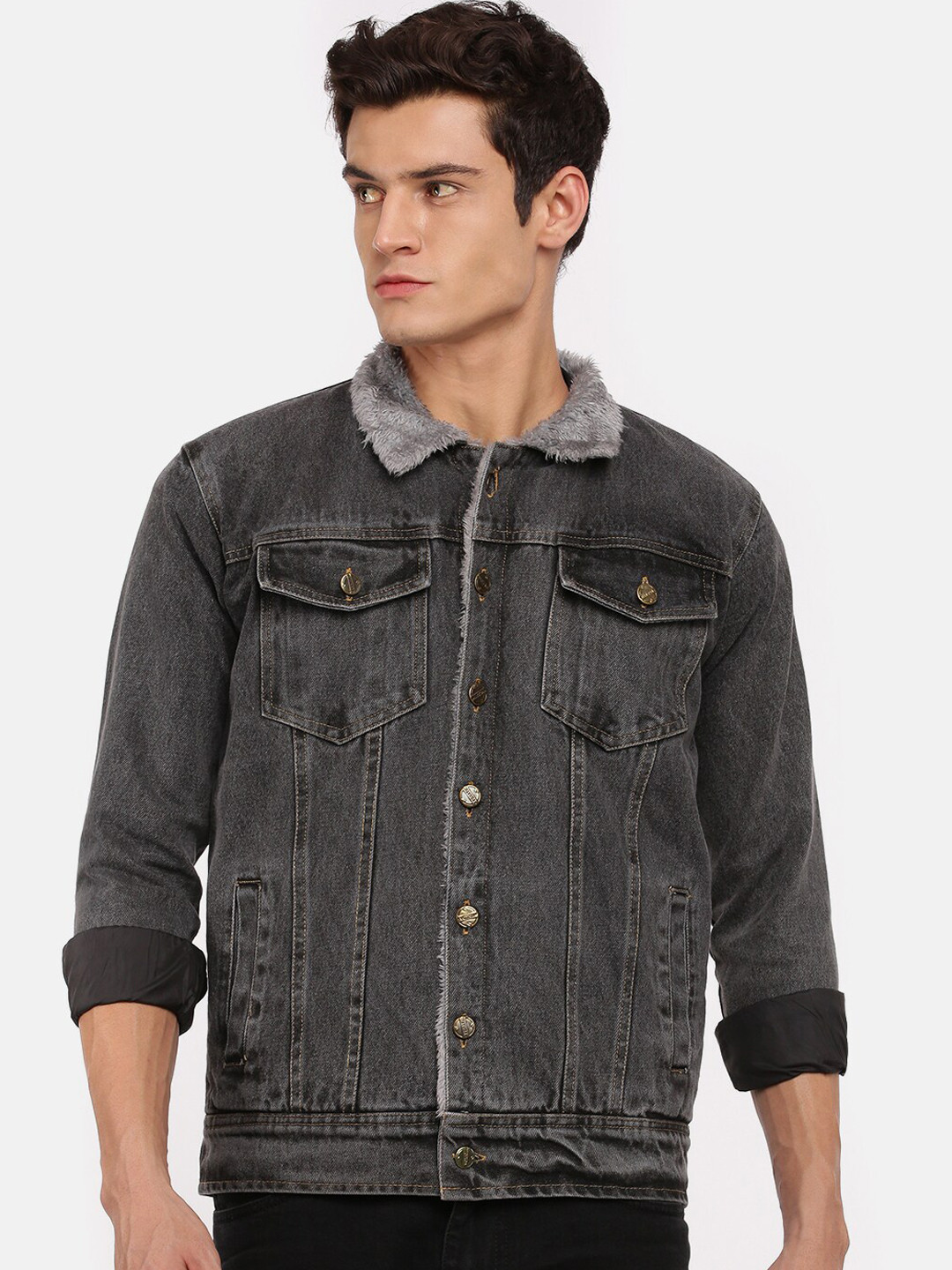 Buy VOXATI Men Grey Washed Denim Jacket With Embroidered Jackets for