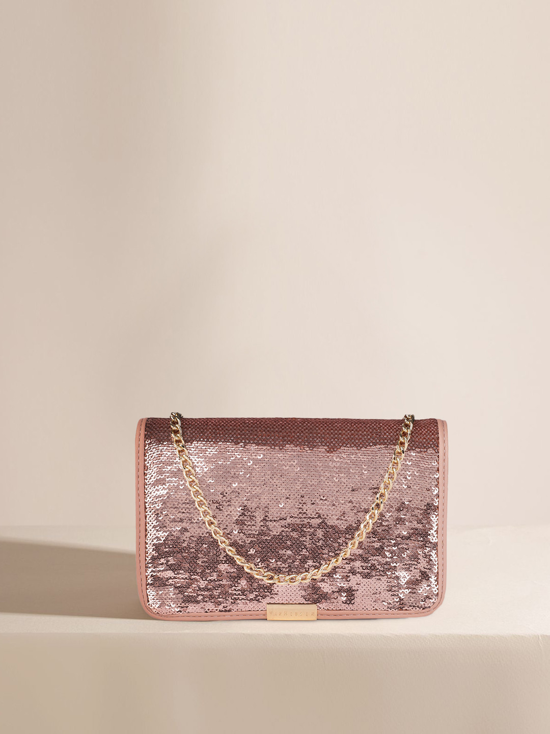 Buy Van Heusen Women Rose Gold Embellished PU Structured Sling Bag