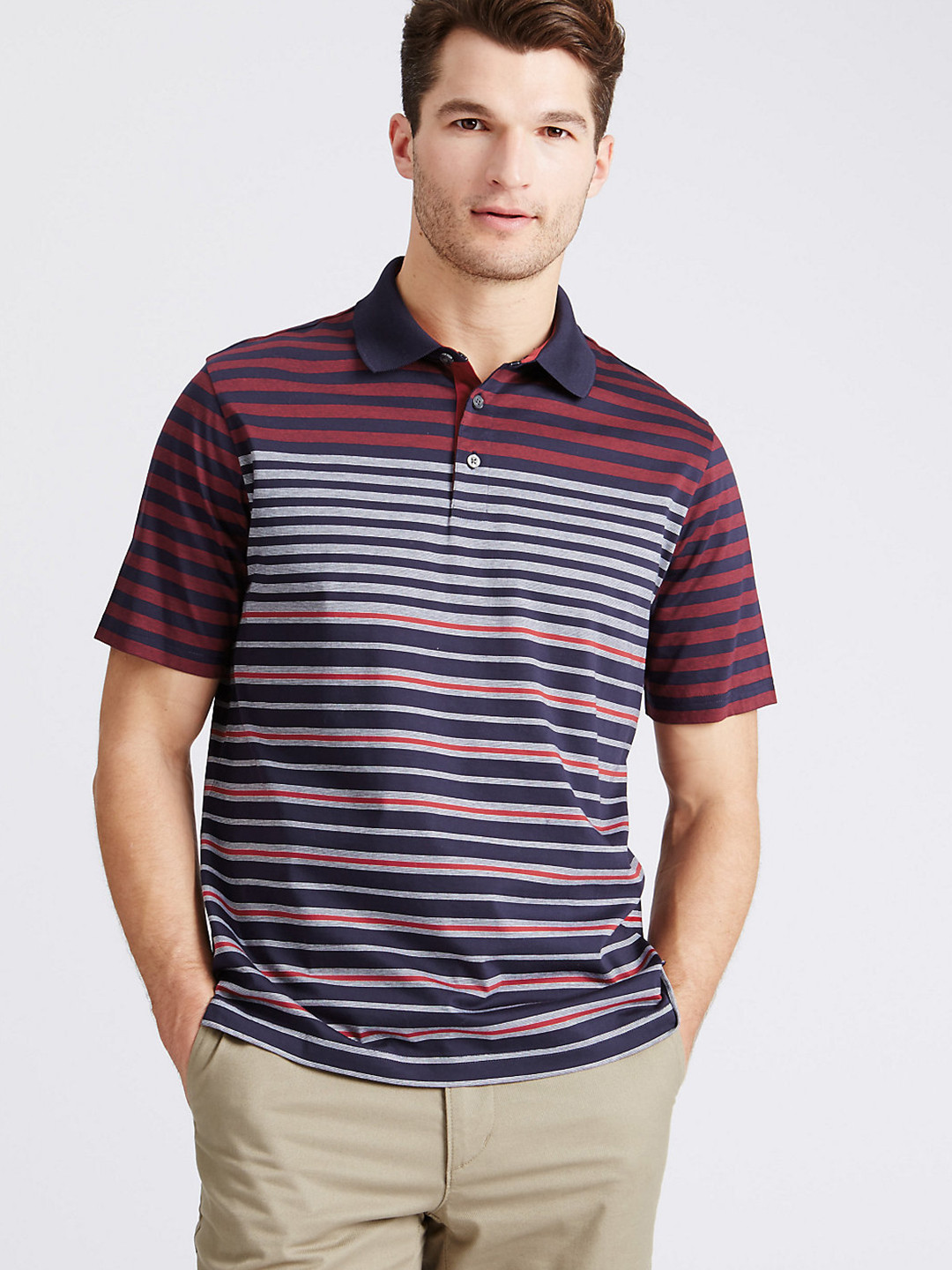 Buy Marks Spencer Men Navy Striped Polo Collar Pure Cotton T Shirt