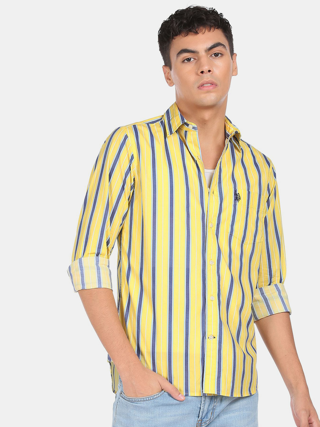 Buy U S Polo Assn Men Yellow Striped Casual Shirt Shirts for Men — free download
