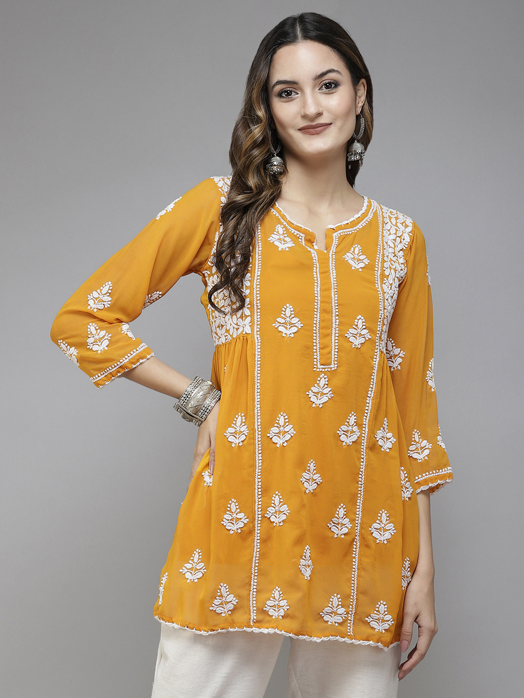 Buy ADA Mustard Yellow & White Ethnic Motifs Embroidered Chikankari