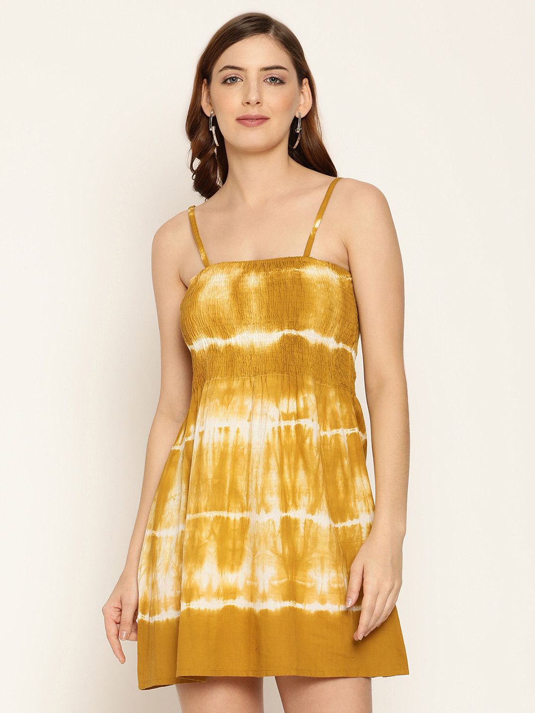 Buy Aawari Mustard Yellow Tie & Dye Fit & Flare Dress With Smocking Dresses for Women 18198228