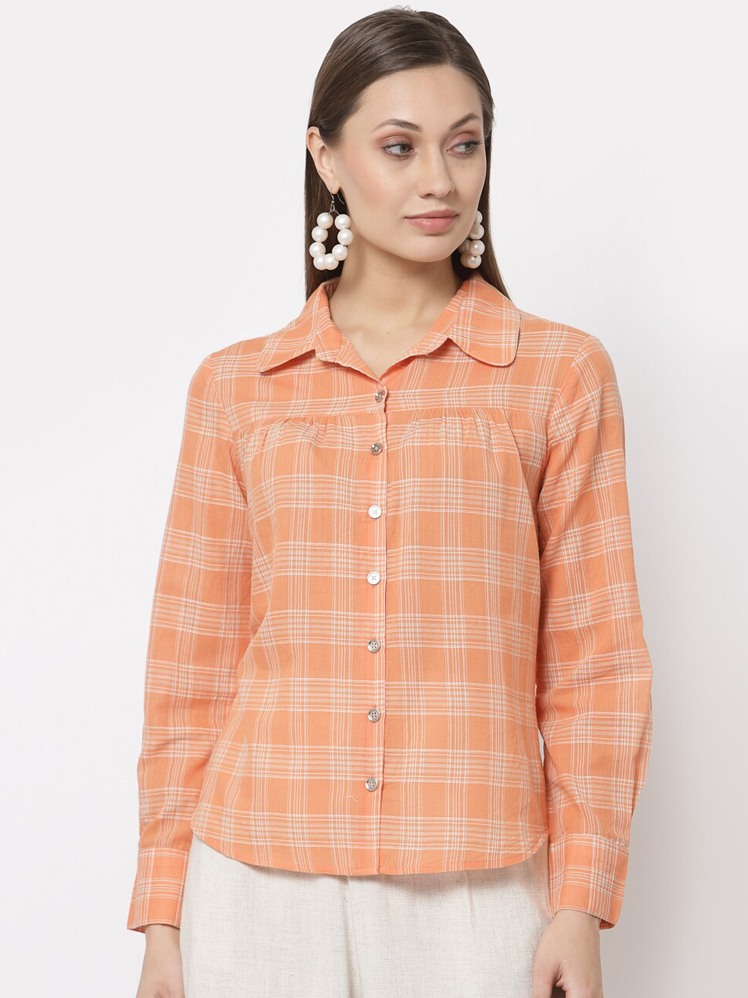 Buy Gipsy Orange Checked Shirt Style Pure Cotton Top Tops for Women