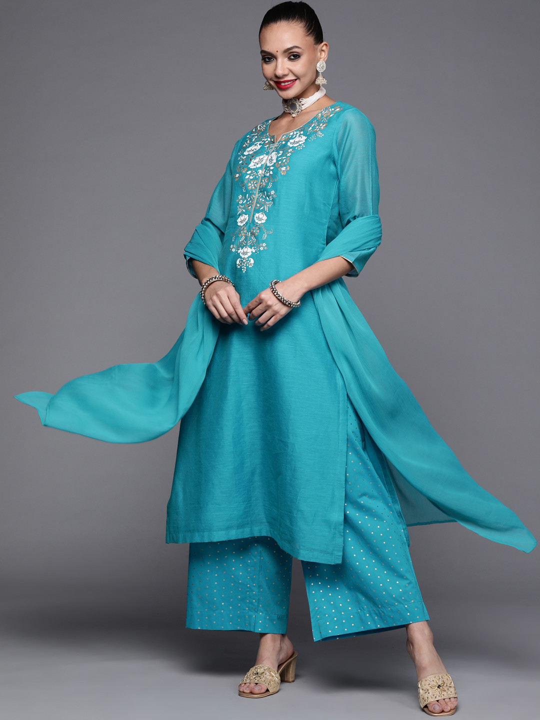 Buy Biba Women Blue & White Ethnic Motifs Printed Kurta With Palazzos