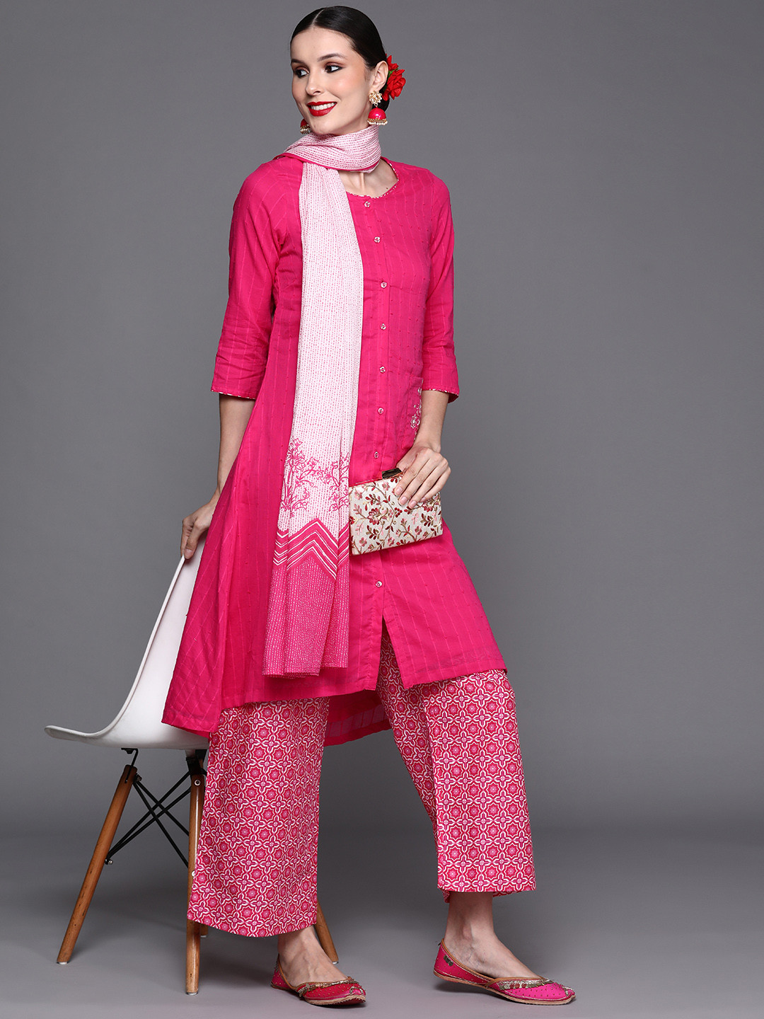 Buy Biba Women Fuchsia Pink Self Striped Pure Cotton Kurta With