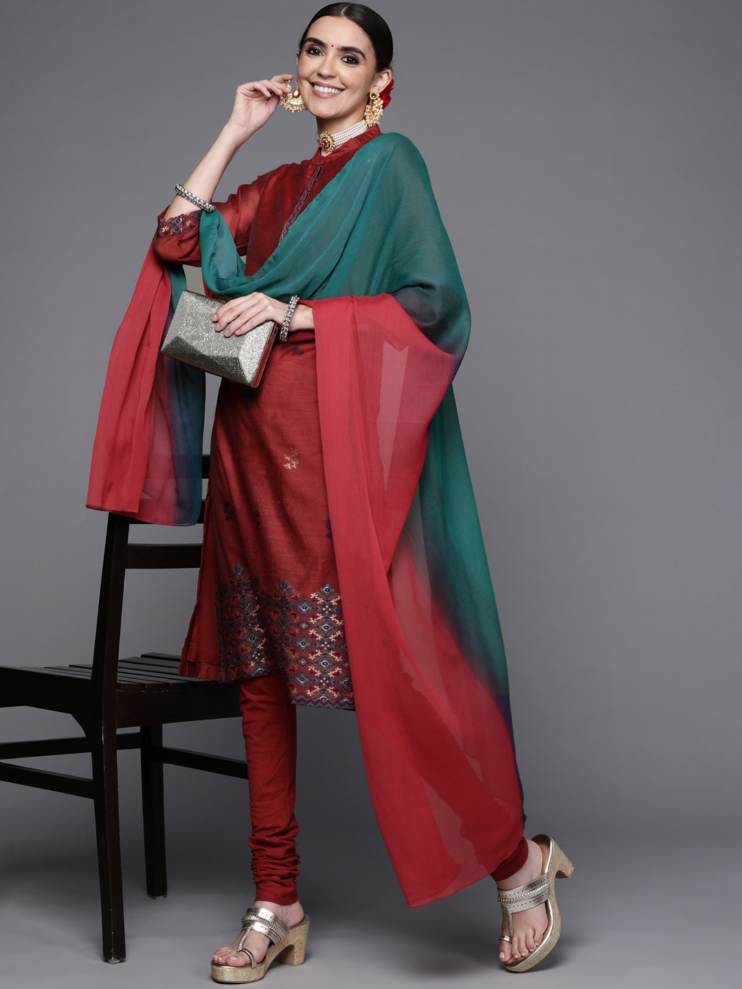 Buy Biba Women Maroon Ethnic Motifs Embroidered Kurta With Churidar