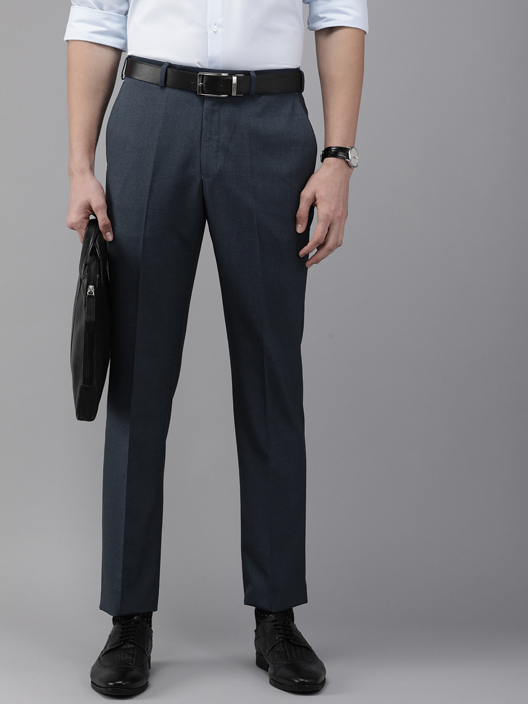 Buy Park Avenue Men Blue Solid Smart Fit Formal Trousers - Trousers for ...