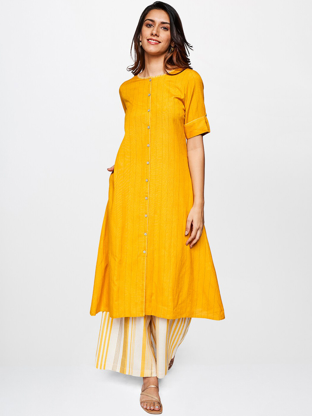 Women'S Mustard Yellow & Off-White Striped Straight Kurta