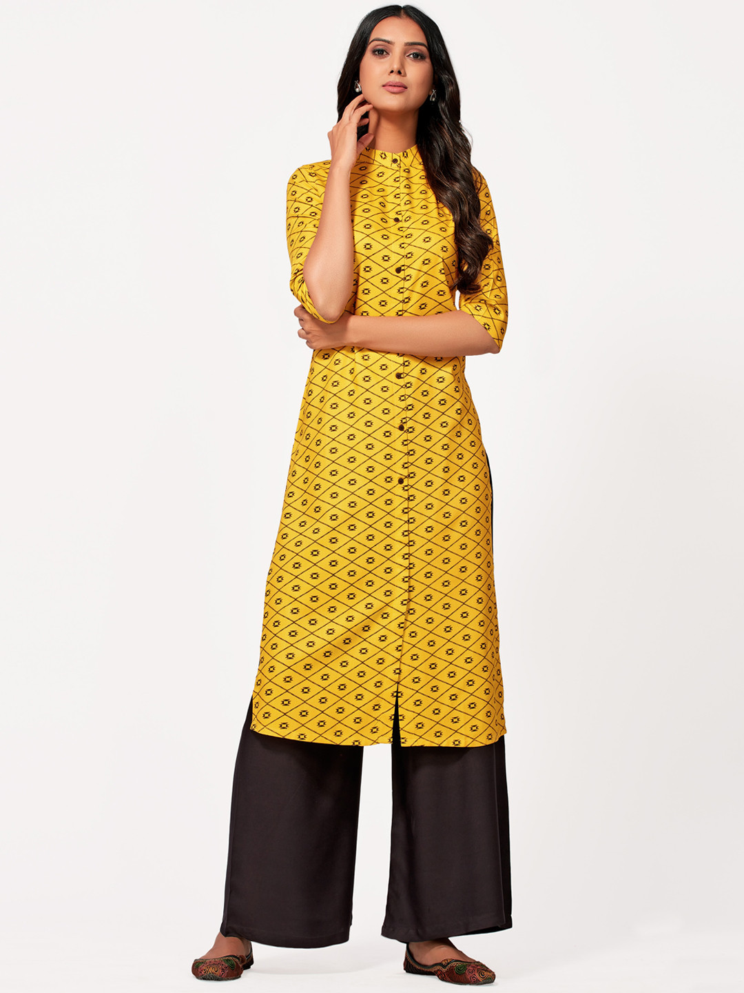 Buy MIMOSA Women Mustard Yellow Mustard Yellow & Black Printed Straight