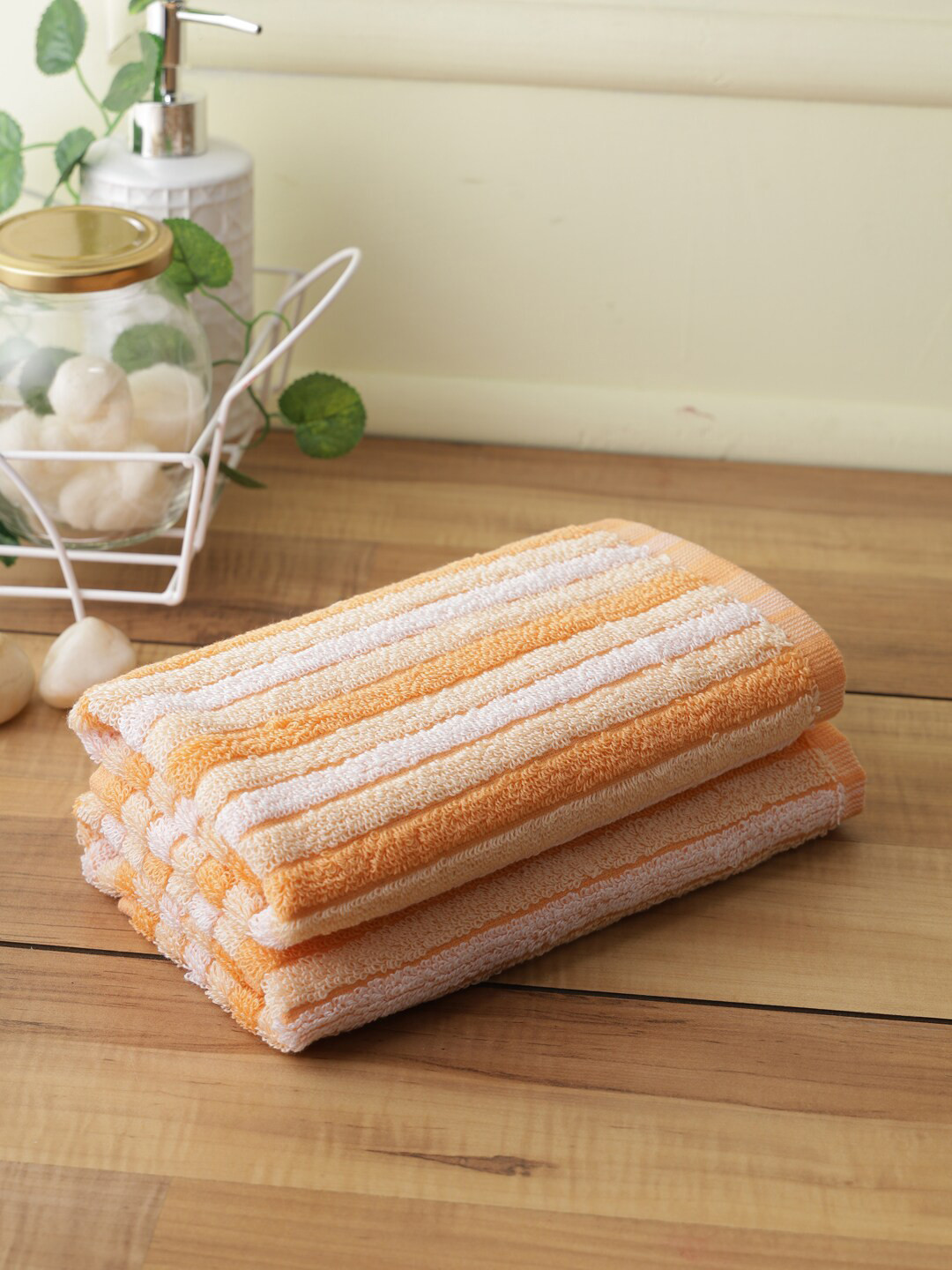 Buy Softweave Set Of 2 Peach & White Patterned 450 GSM Pure Cotton Hand