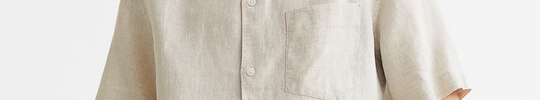 Buy H&M Men Beige Solid Regular Fit Short Sleeved Linen Shirt - Shirts ...
