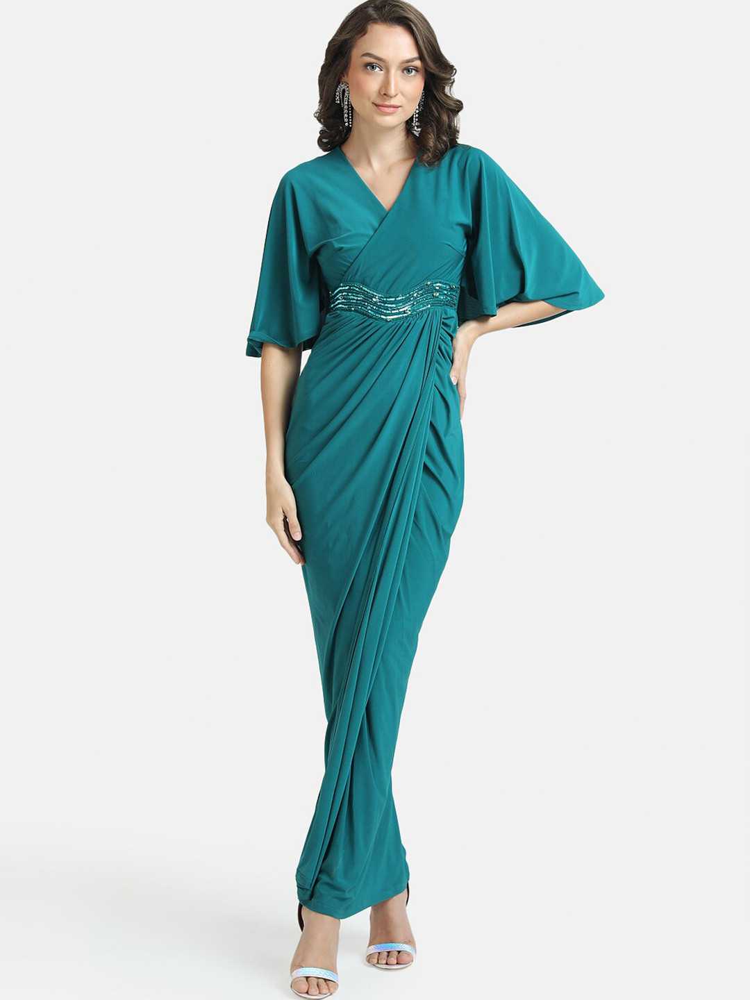 Buy Kazo Teal Green Embellished Extended Sleeves Maxi Dress Dresses