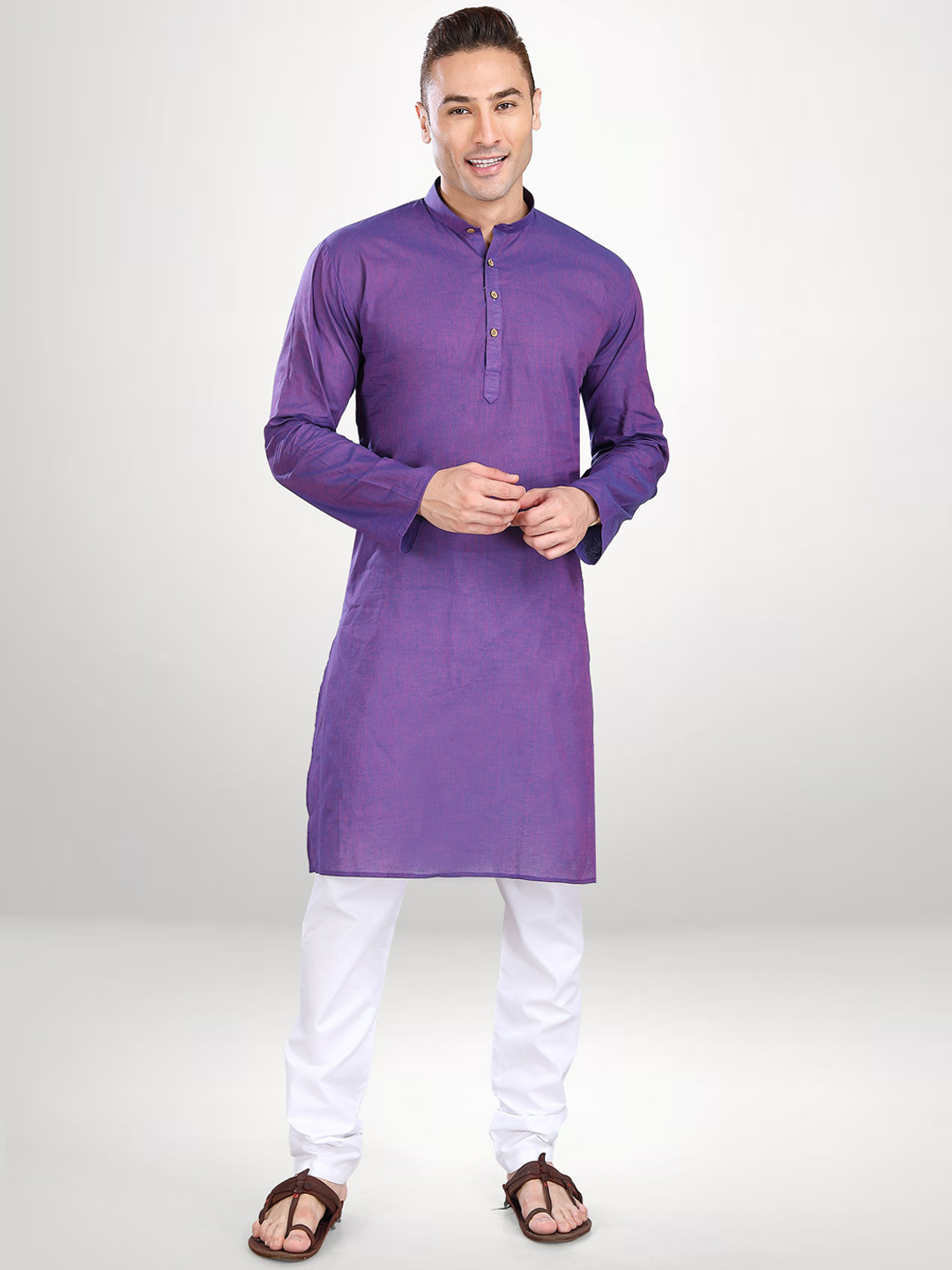 Men Purple & Beige Self Design Kurta Only
