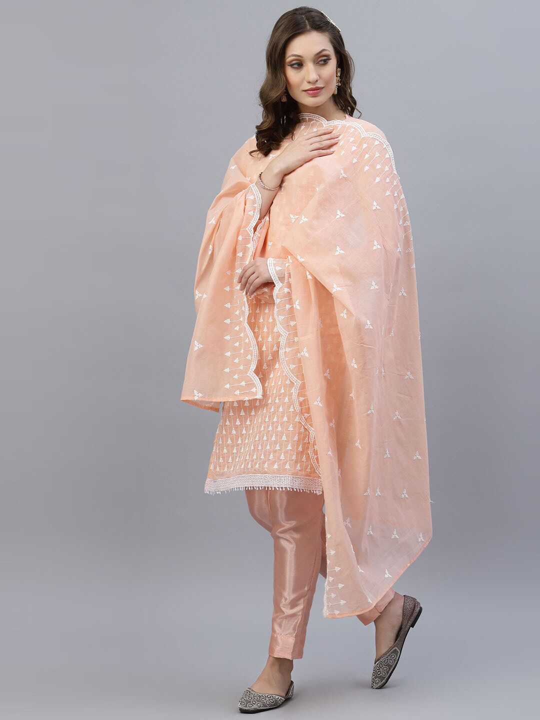 Buy Satrani Peach Coloured & White Embroidered Unstitched Dress