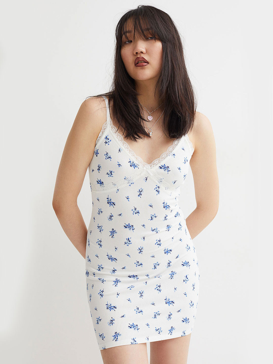 Buy H&M White & Blue Floral Printed Ribbed Lace Bodycon Dress Dresses