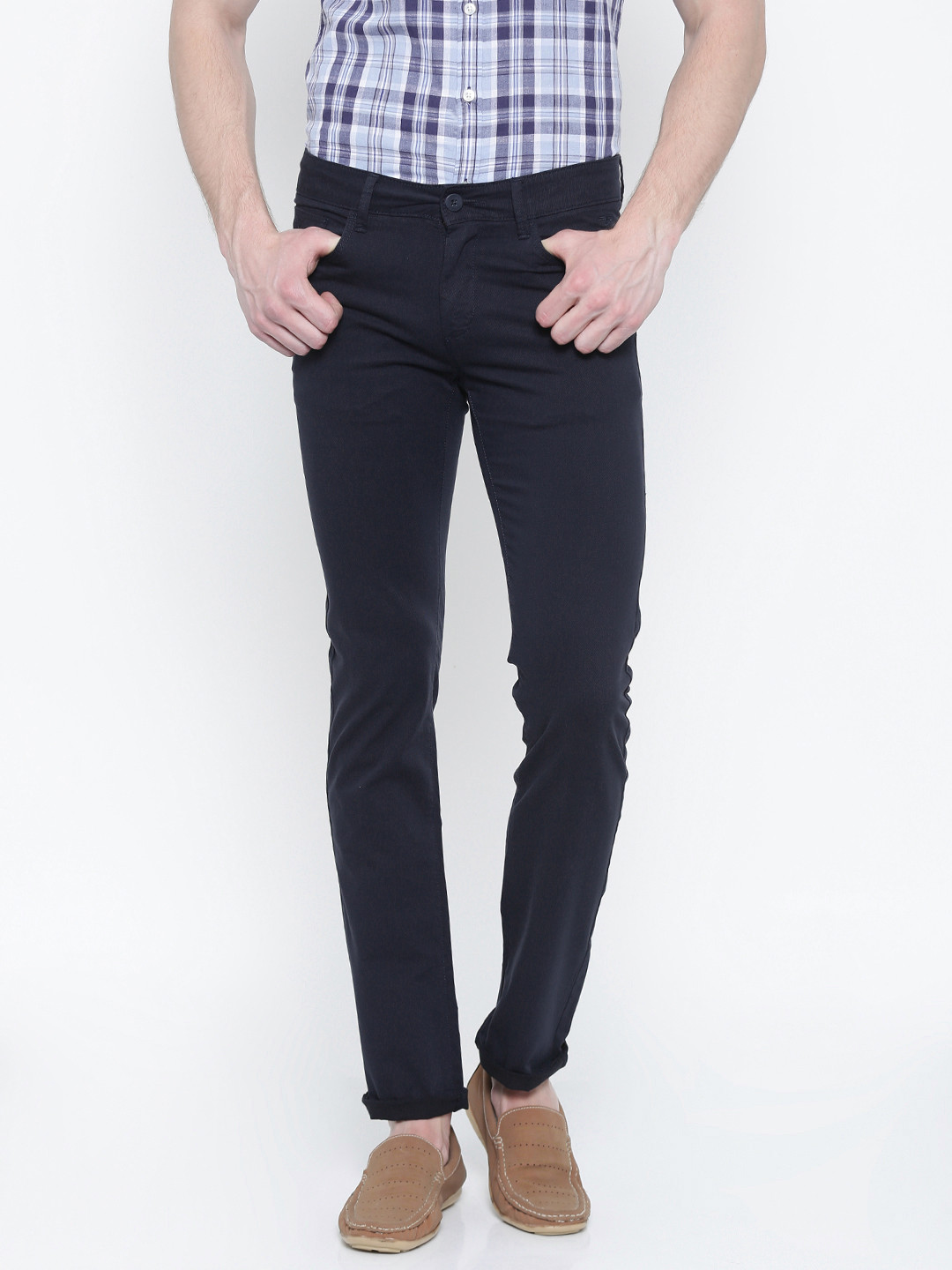 Buy Flying Machine Men Navy Solid Slim Tapered Fit Chino Trousers ...
