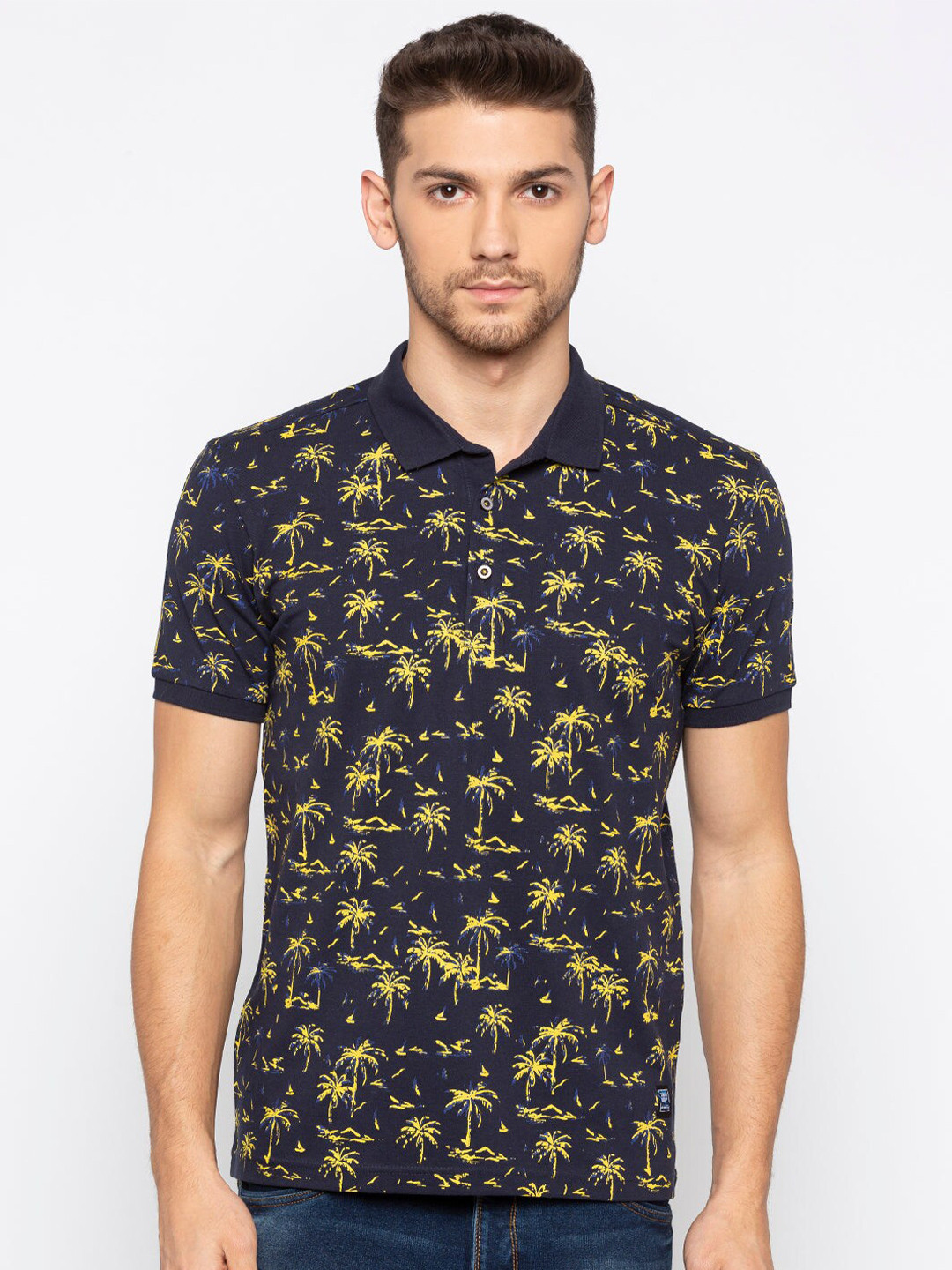 Buy Status Quo Men Navy Blue Floral Printed Polo Collar T Shirt ...
