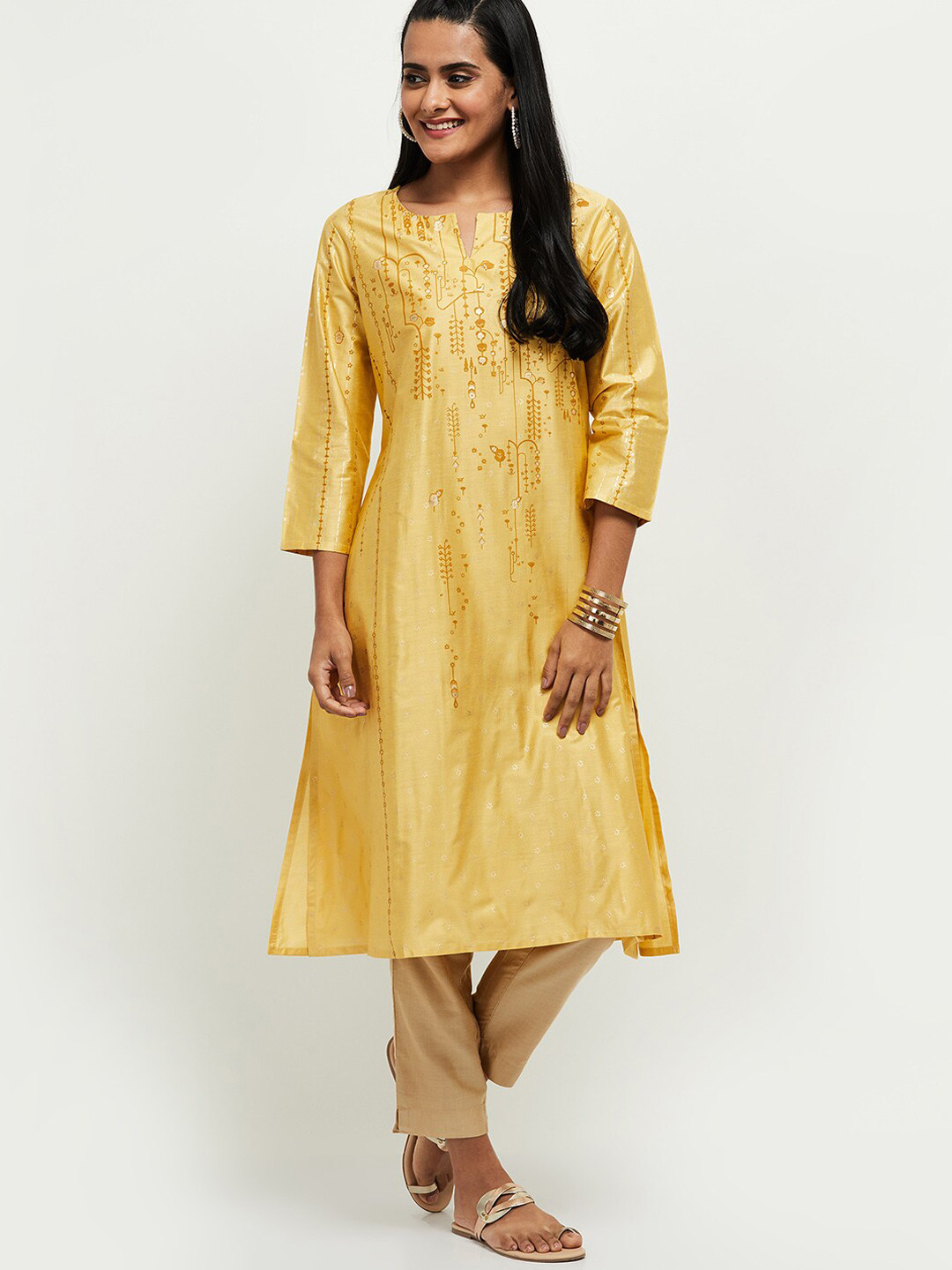 Buy Max Mustard Yellow Ethnic Motifs Printed Straight Kurta Kurtas