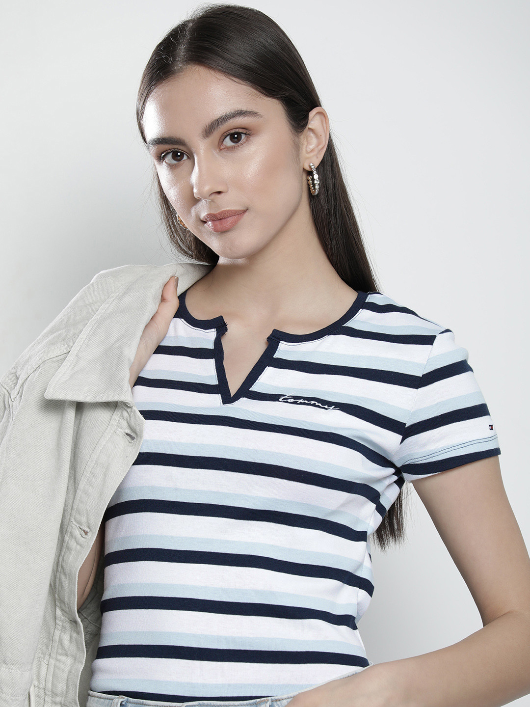 Buy Tommy Hilfiger Women Navy Blue & White Striped Henley Neck Pure