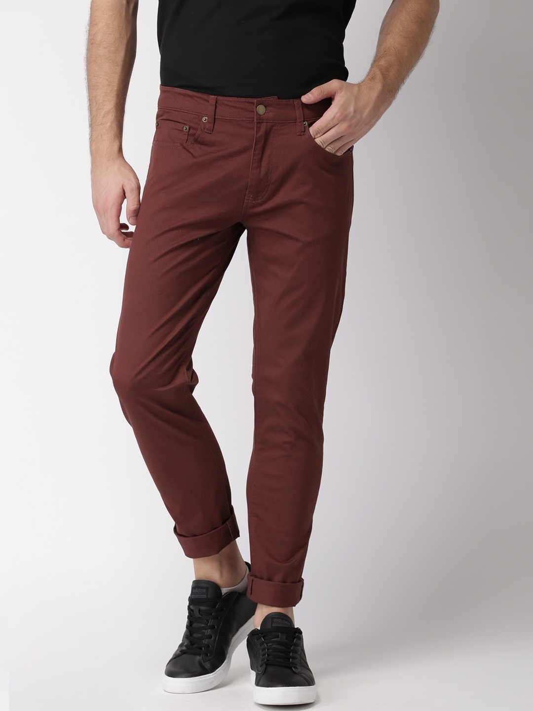 Buy FOREVER 21 Men Maroon Regular Fit Solid Regular Trousers - Trousers ...
