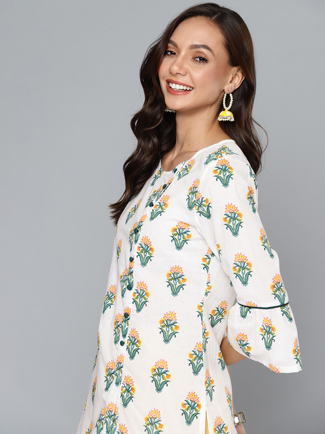 Buy HERE&NOW White & Green Ethnic Motifs Printed Pure Cotton Kurti