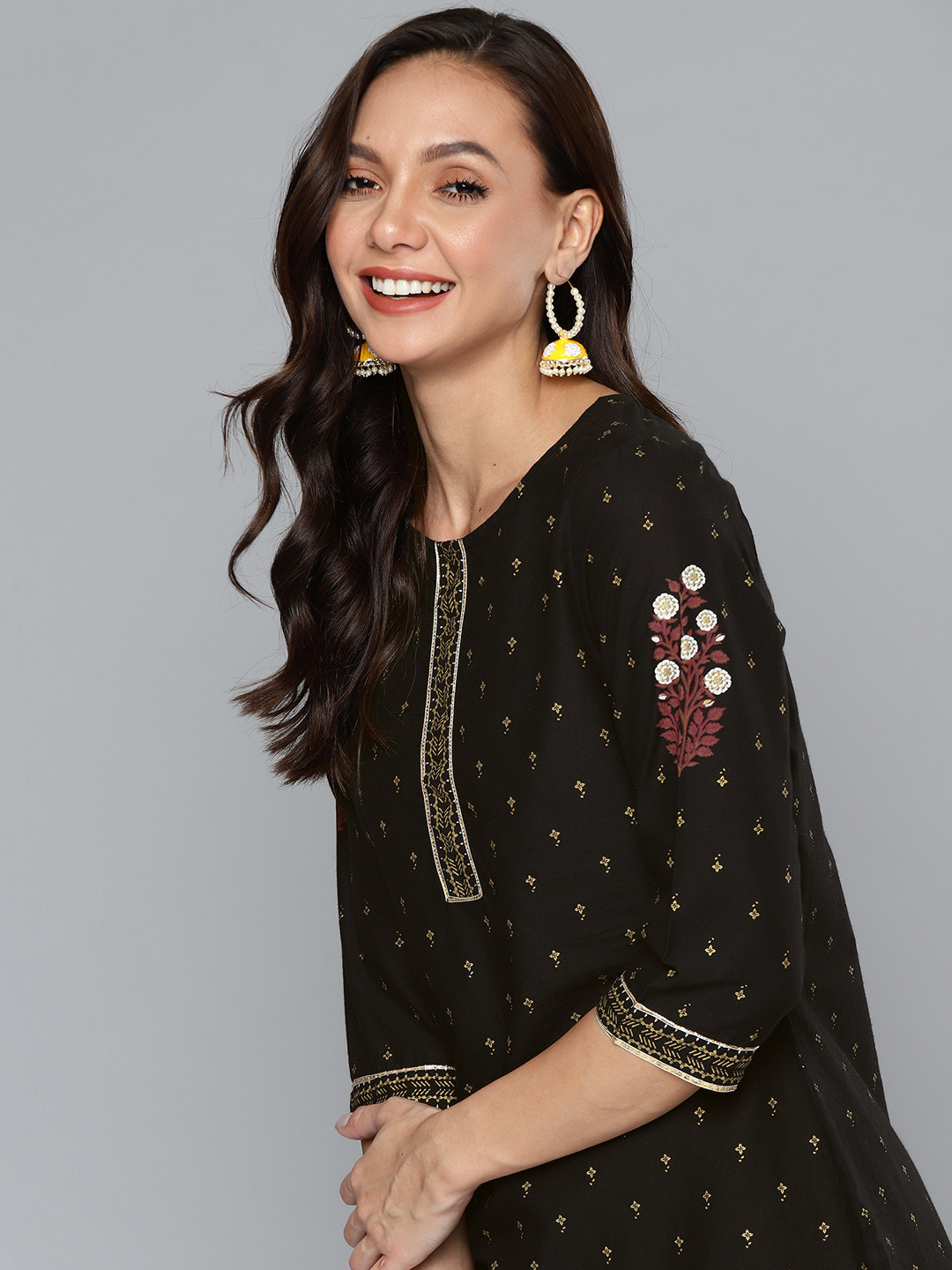 Buy HERE&NOW Black & Gold Toned Ethnic Motifs Printed Pure Cotton Kurti